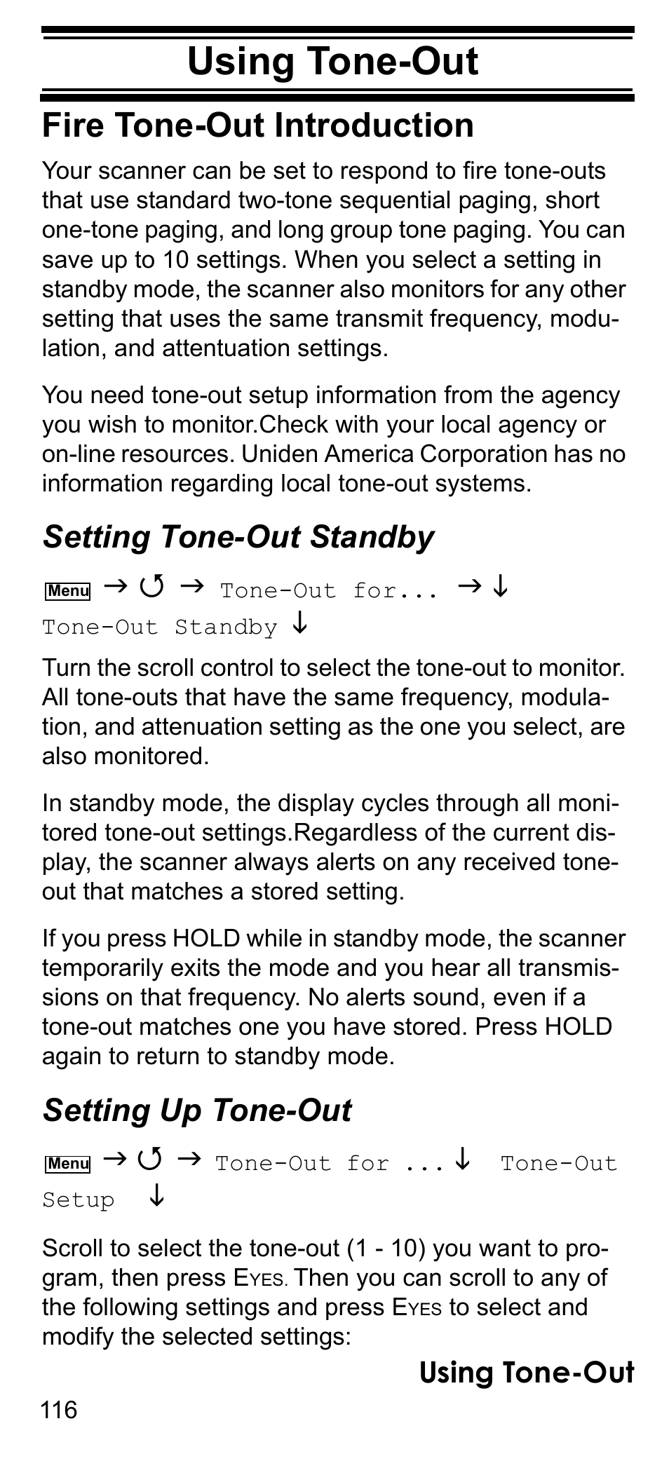 Fire tone-out introduction, Setting tone-out standby, Setting up tone-out | Using tone-out, Using weather alert (same) | Uniden BCD396T User Manual | Page 116 / 154