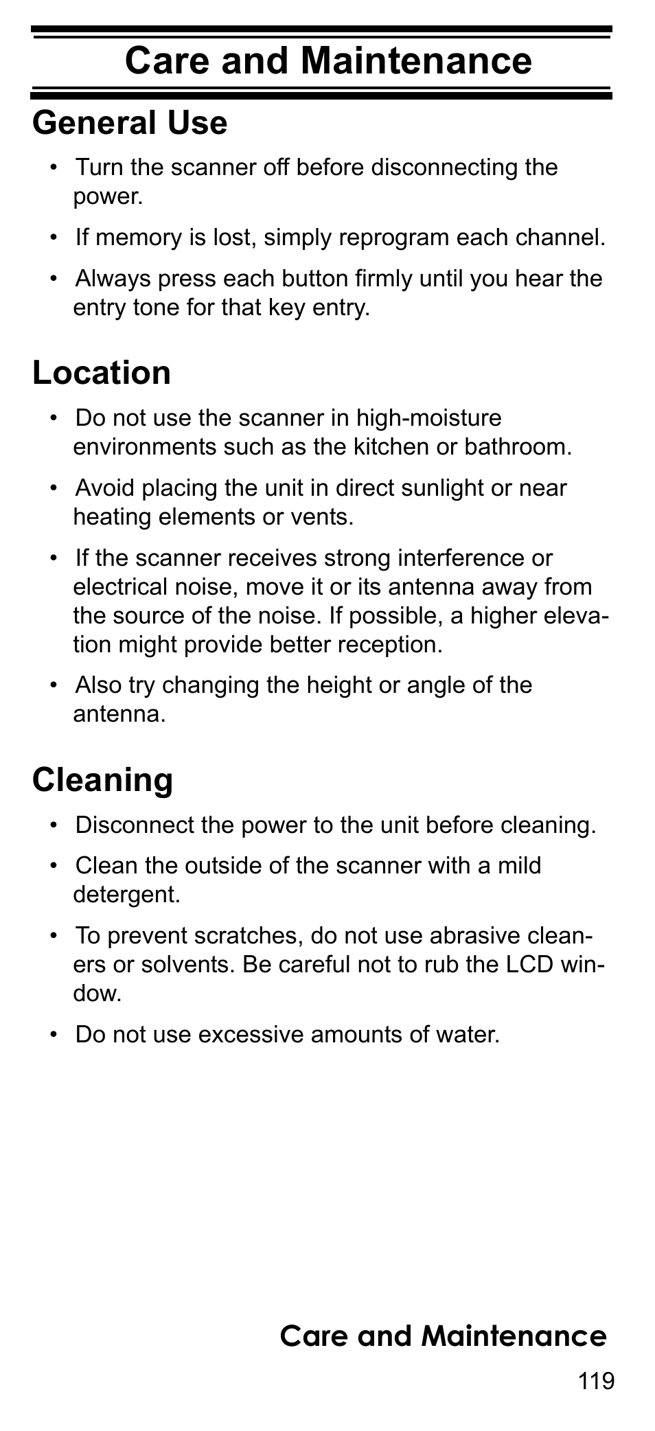 Care and maintenance, General use, Location | Cleaning, Care and mainte- nance | Uniden BCD396T User Manual | Page 119 / 154