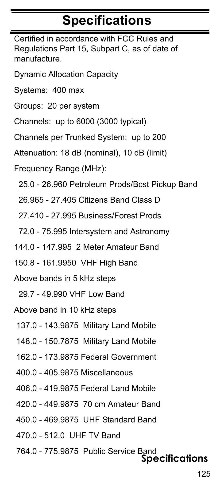 Specifications | Uniden BCD396T User Manual | Page 125 / 154