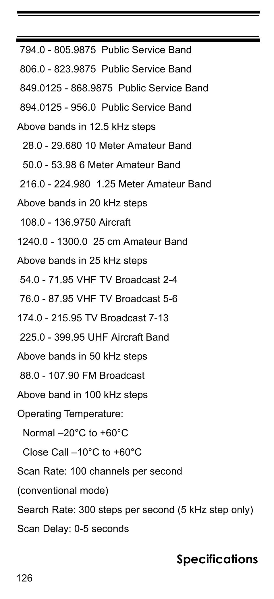 Specifications | Uniden BCD396T User Manual | Page 126 / 154