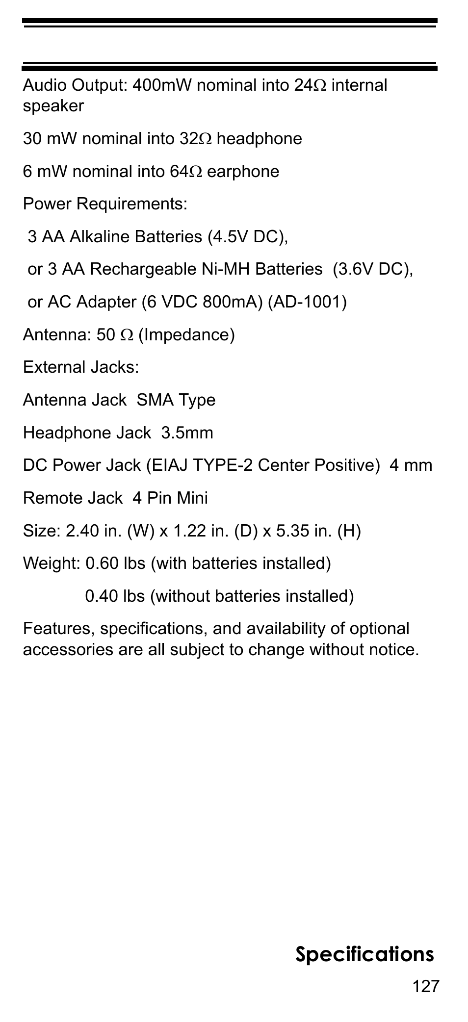 Specifications | Uniden BCD396T User Manual | Page 127 / 154