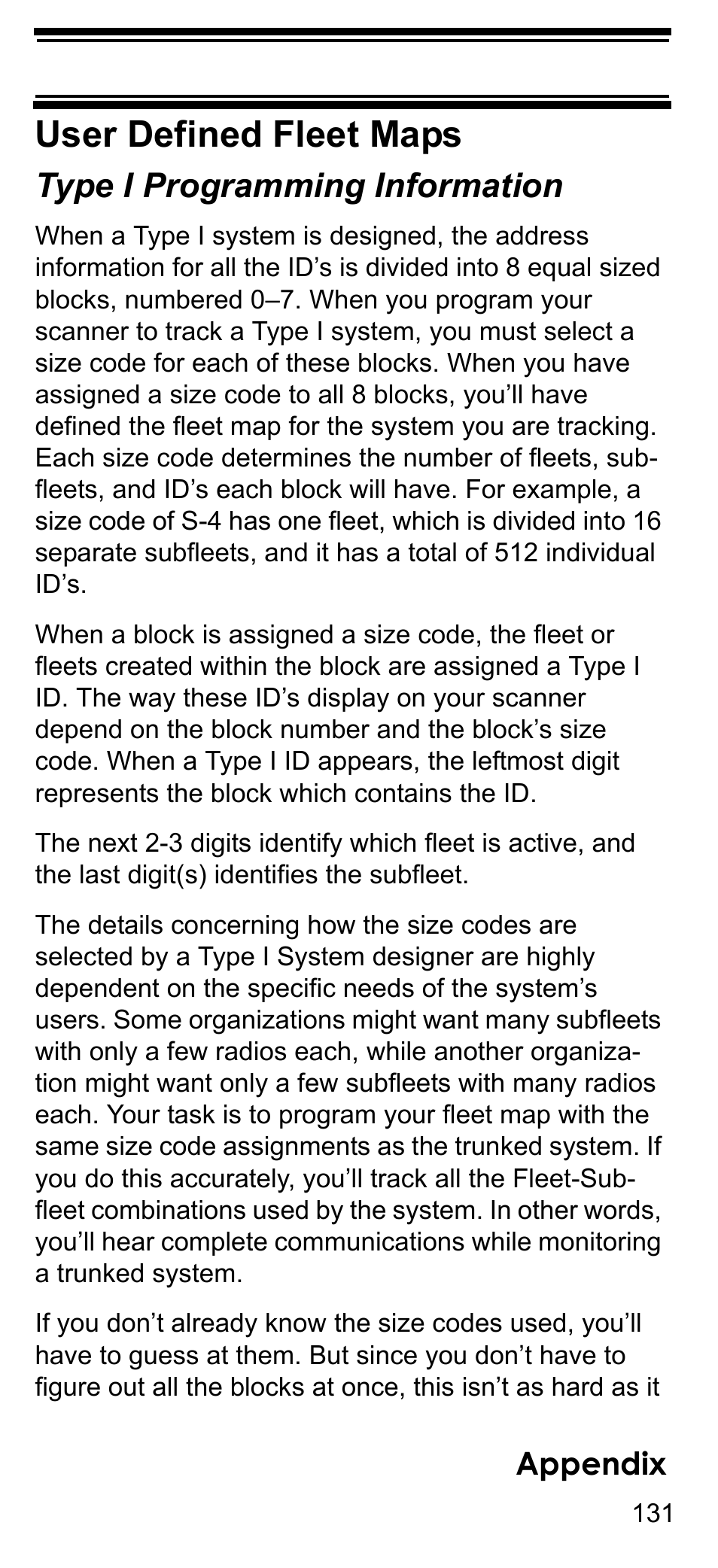 User defined fleet maps, Type i programming information, Appendix | Uniden BCD396T User Manual | Page 131 / 154