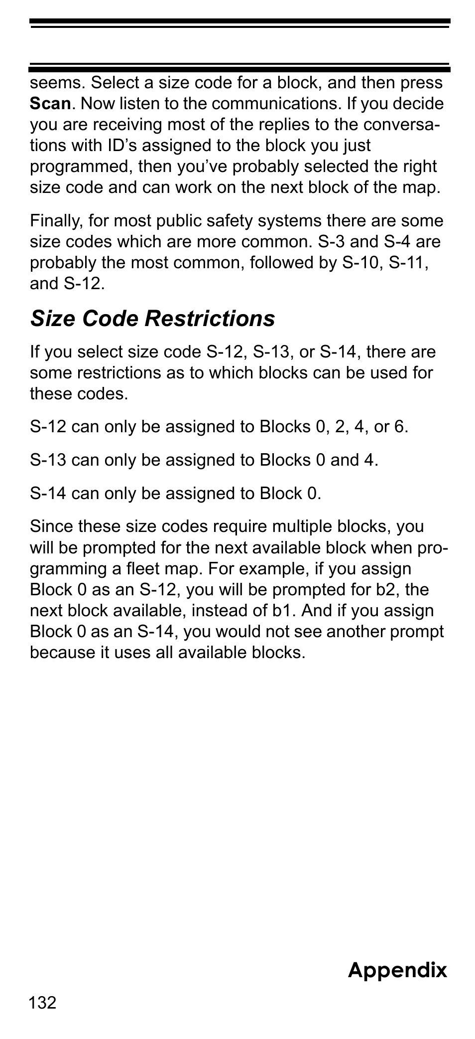 Size code restrictions, Appendix | Uniden BCD396T User Manual | Page 132 / 154