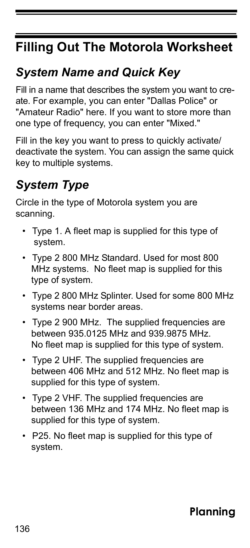 Filling out the motorola worksheet, System name and quick key, System type | Planning | Uniden BCD396T User Manual | Page 136 / 154