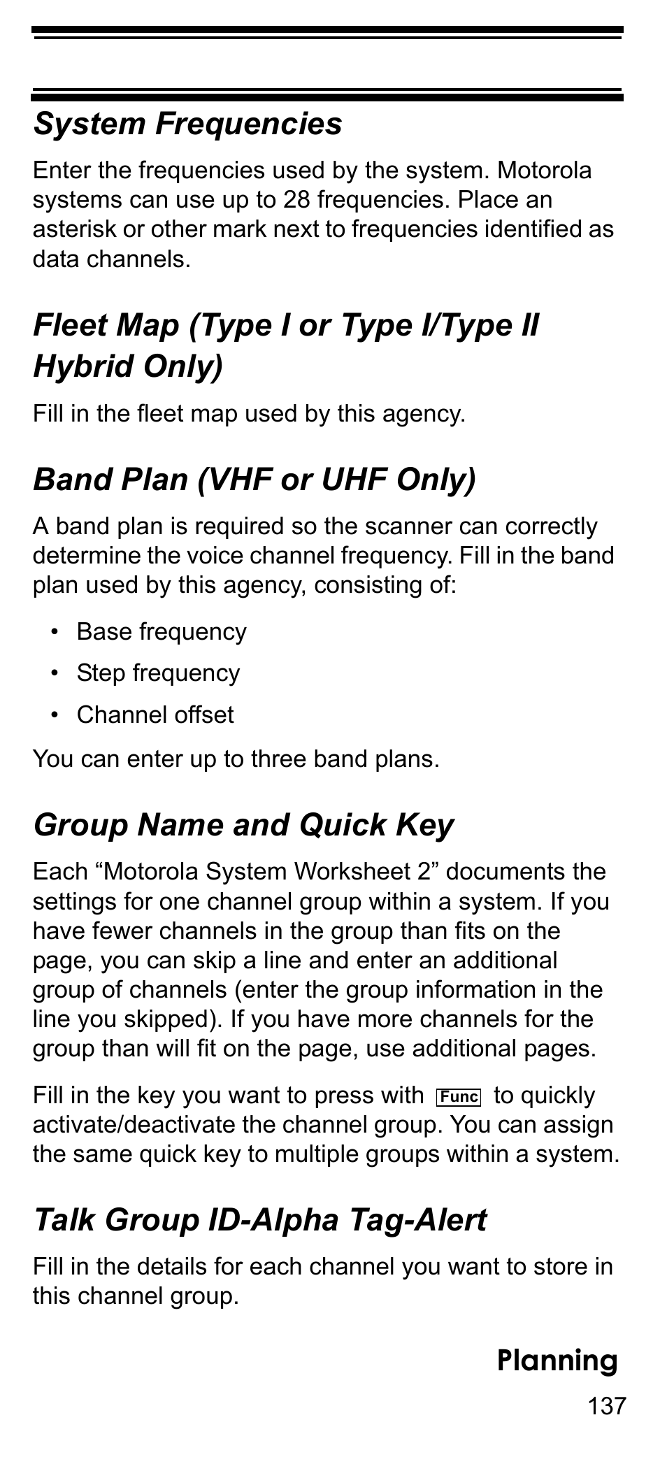 System frequencies, Fleet map (type i or type i/type ii hybrid only), Band plan (vhf or uhf only) | Group name and quick key, Talk group id-alpha tag-alert, Planning | Uniden BCD396T User Manual | Page 137 / 154