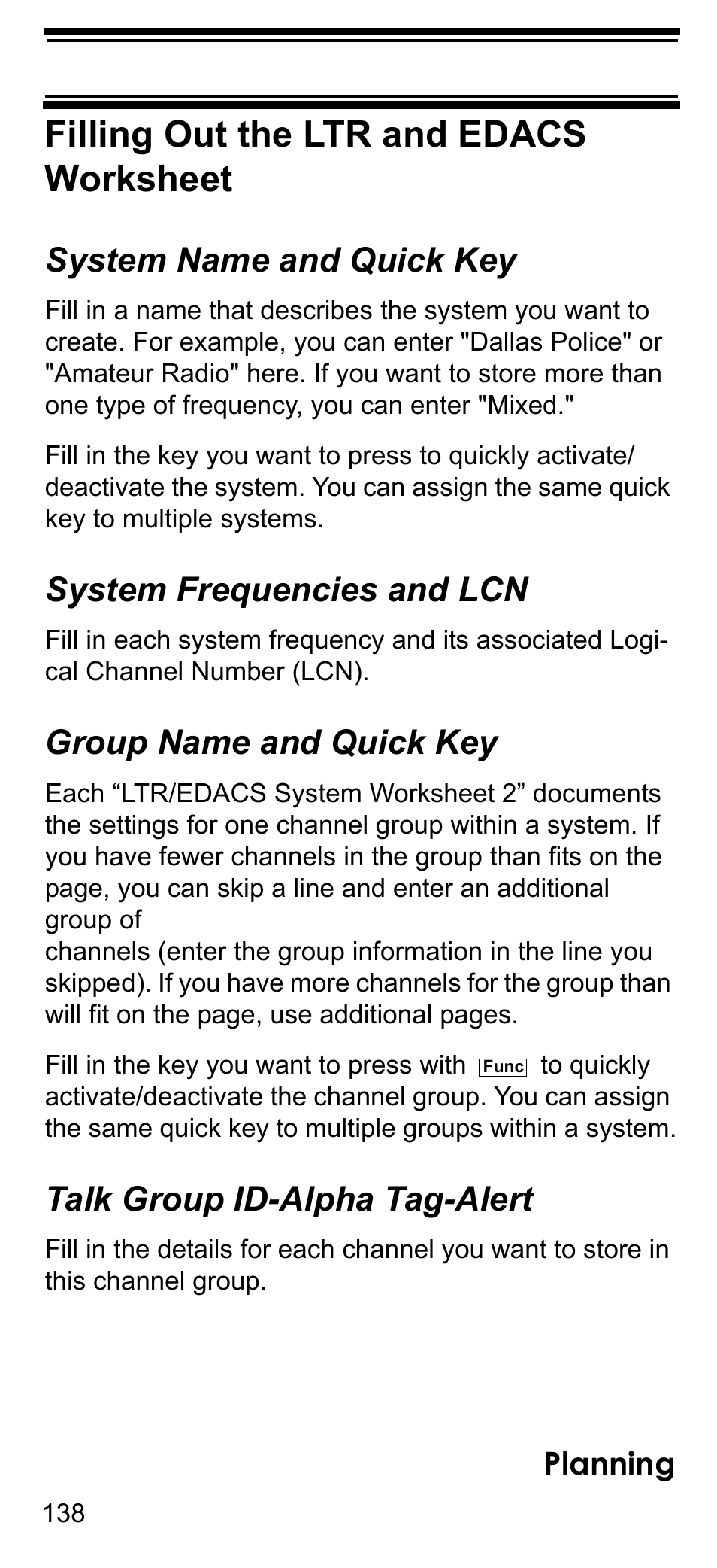 Filling out the ltr and edacs worksheet, System name and quick key, System frequencies and lcn | Group name and quick key, Talk group id-alpha tag-alert, Planning | Uniden BCD396T User Manual | Page 138 / 154