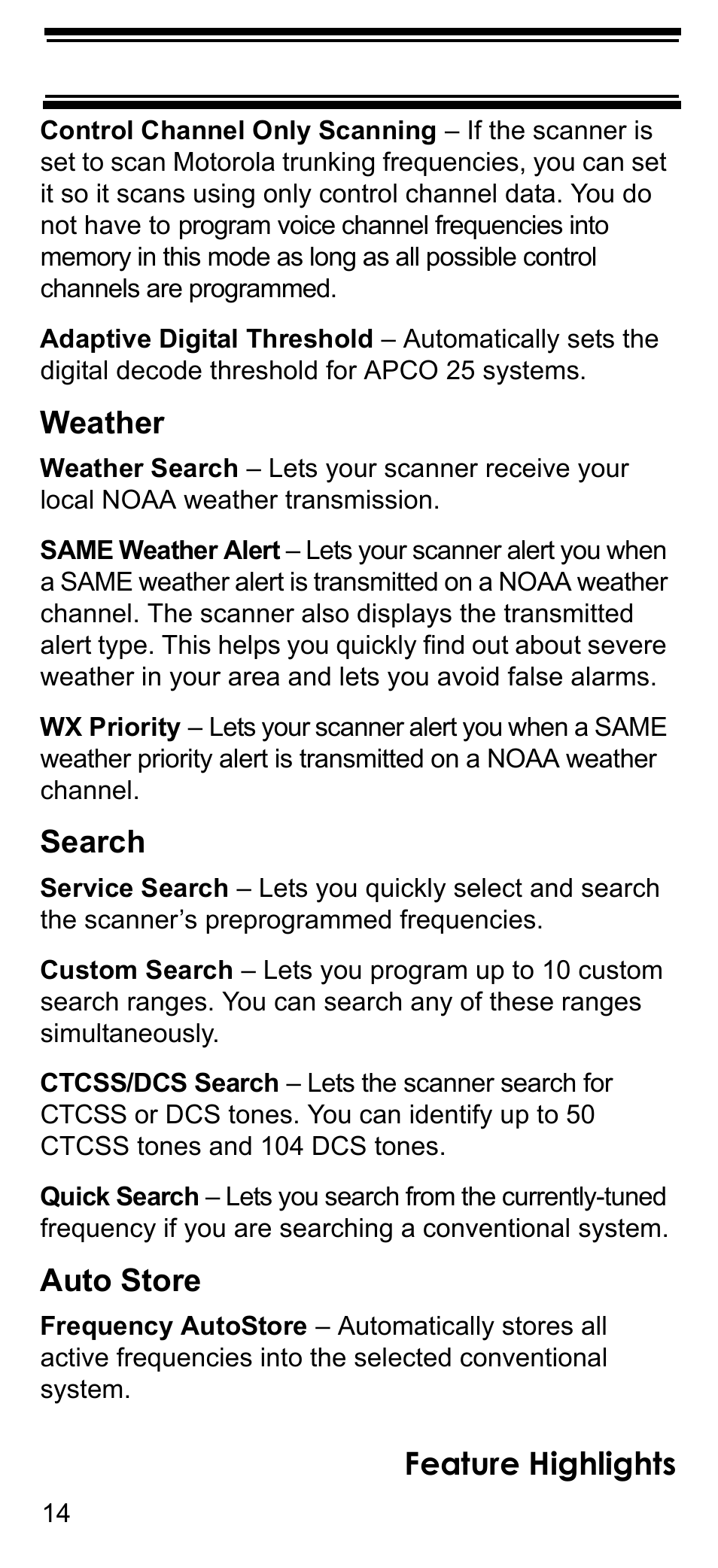 Feature highlights, Weather, Search | Auto store | Uniden BCD396T User Manual | Page 14 / 154