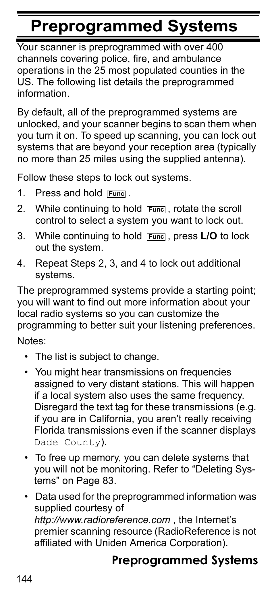 Preprogrammed systems, Press and hold | Uniden BCD396T User Manual | Page 144 / 154