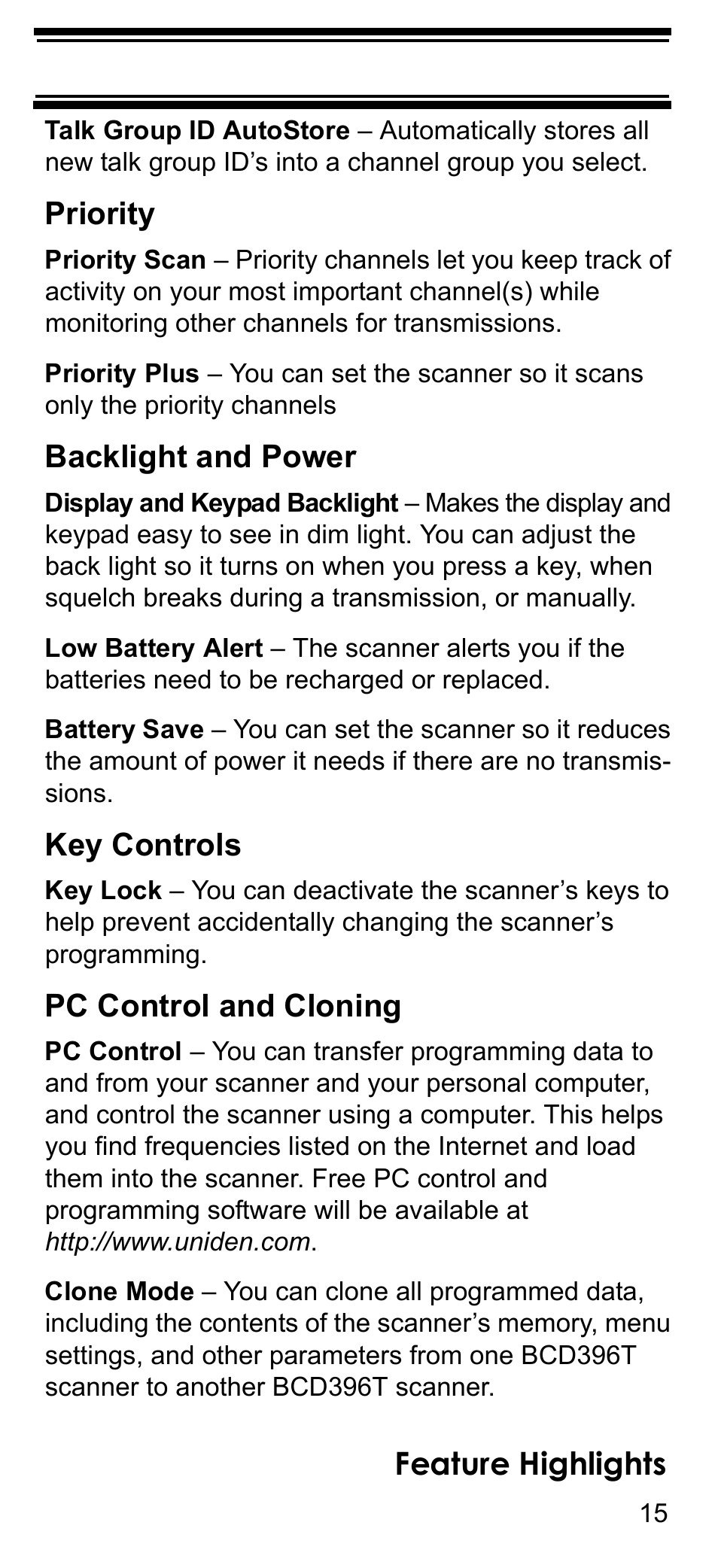 Feature highlights, Priority, Backlight and power | Key controls, Pc control and cloning | Uniden BCD396T User Manual | Page 15 / 154