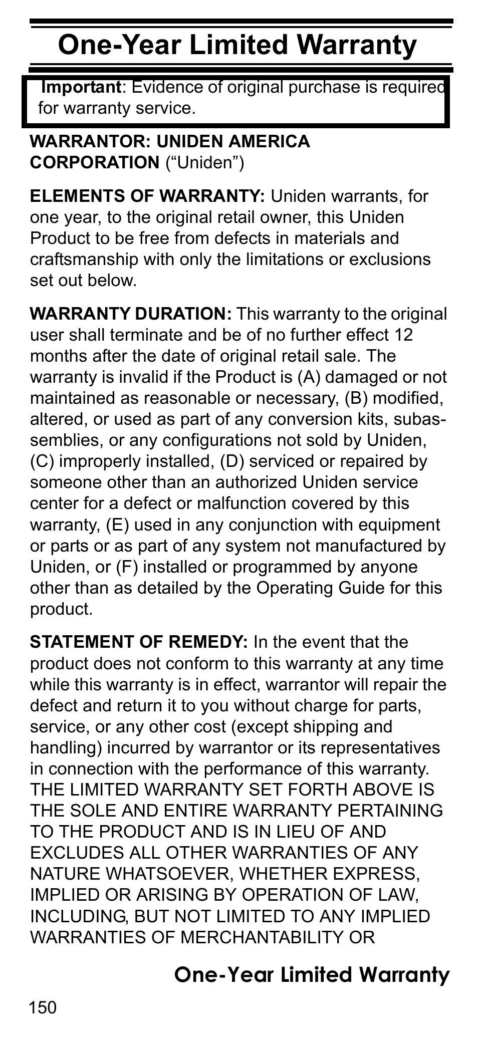 One-year limited warranty | Uniden BCD396T User Manual | Page 150 / 154