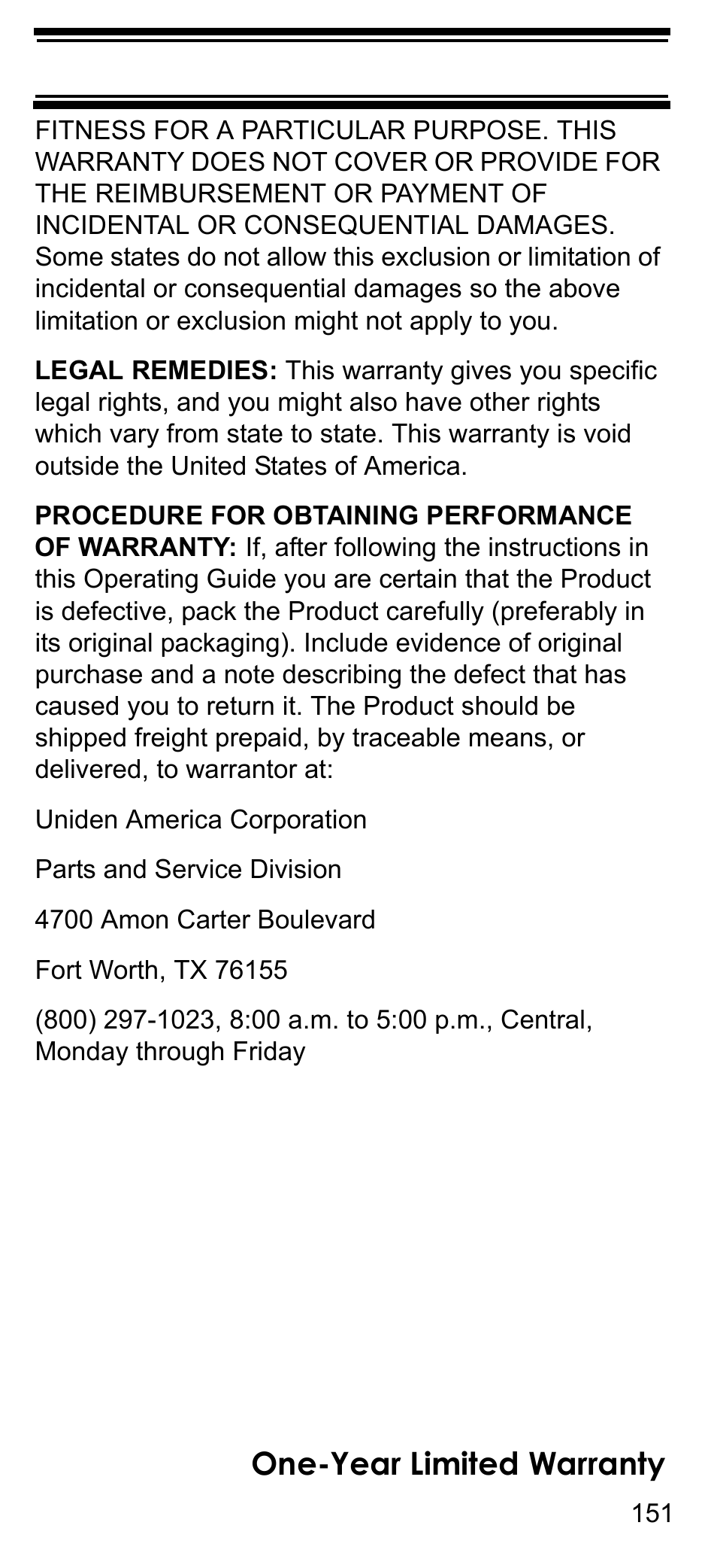 One-year limited warranty | Uniden BCD396T User Manual | Page 151 / 154