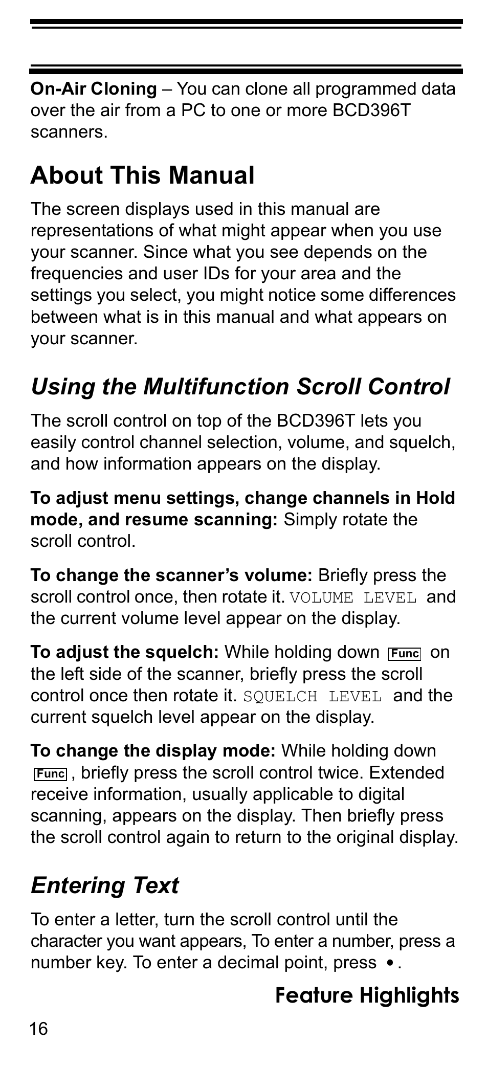 About this manual, Using the multifunction scroll control, Entering text | Feature highlights | Uniden BCD396T User Manual | Page 16 / 154