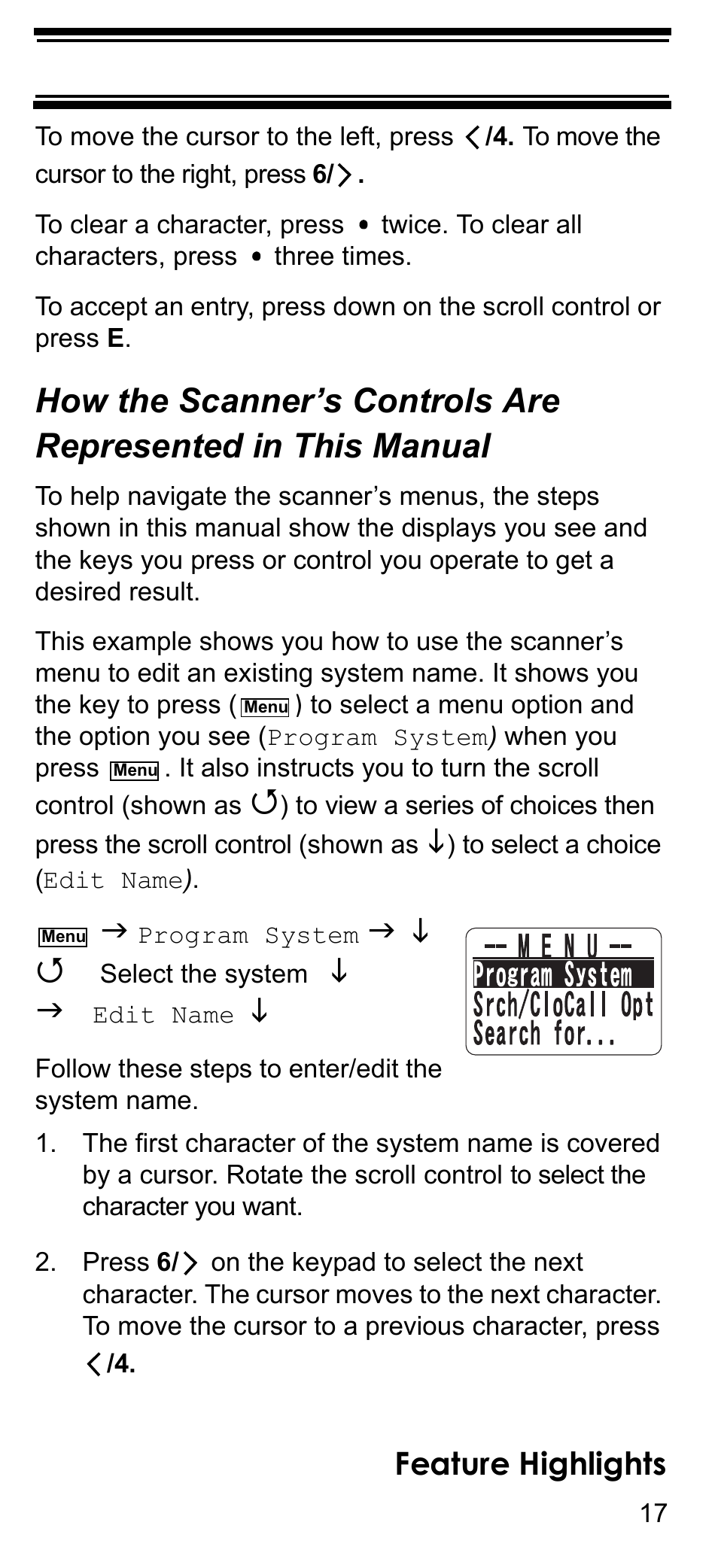 How the scanner’s controls are, Represented in this manual, Feature highlights | Uniden BCD396T User Manual | Page 17 / 154