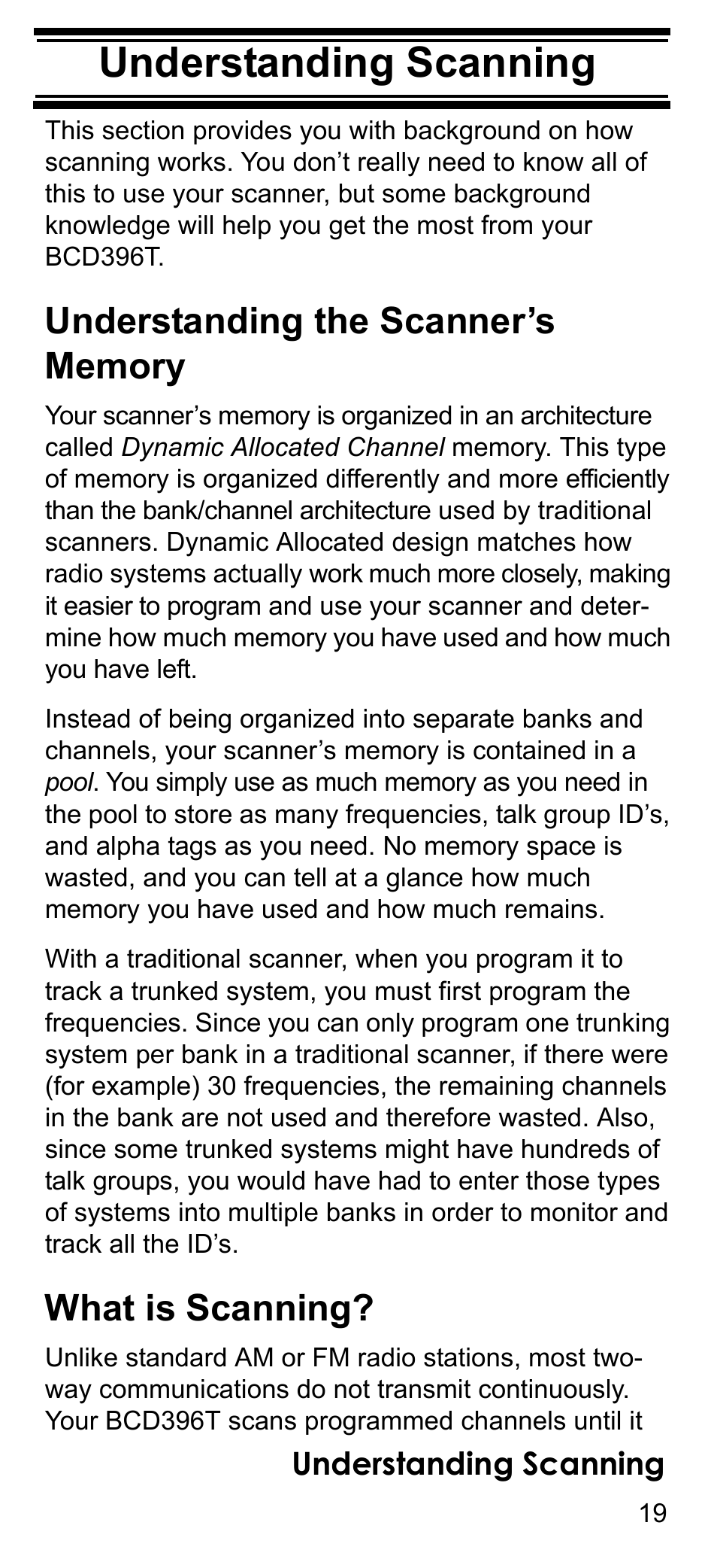 Understanding scanning, Understanding the scanner’s memory, What is scanning | Uniden BCD396T User Manual | Page 19 / 154