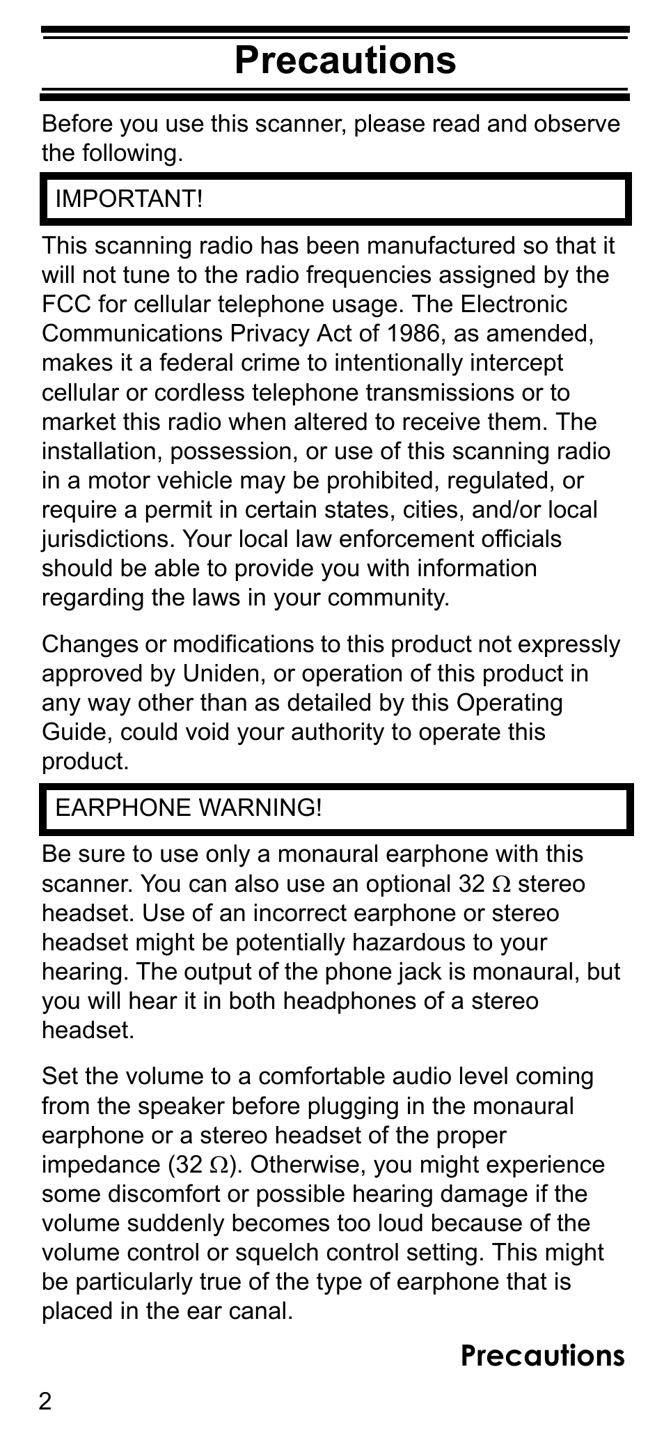 Precautions | Uniden BCD396T User Manual | Page 2 / 154