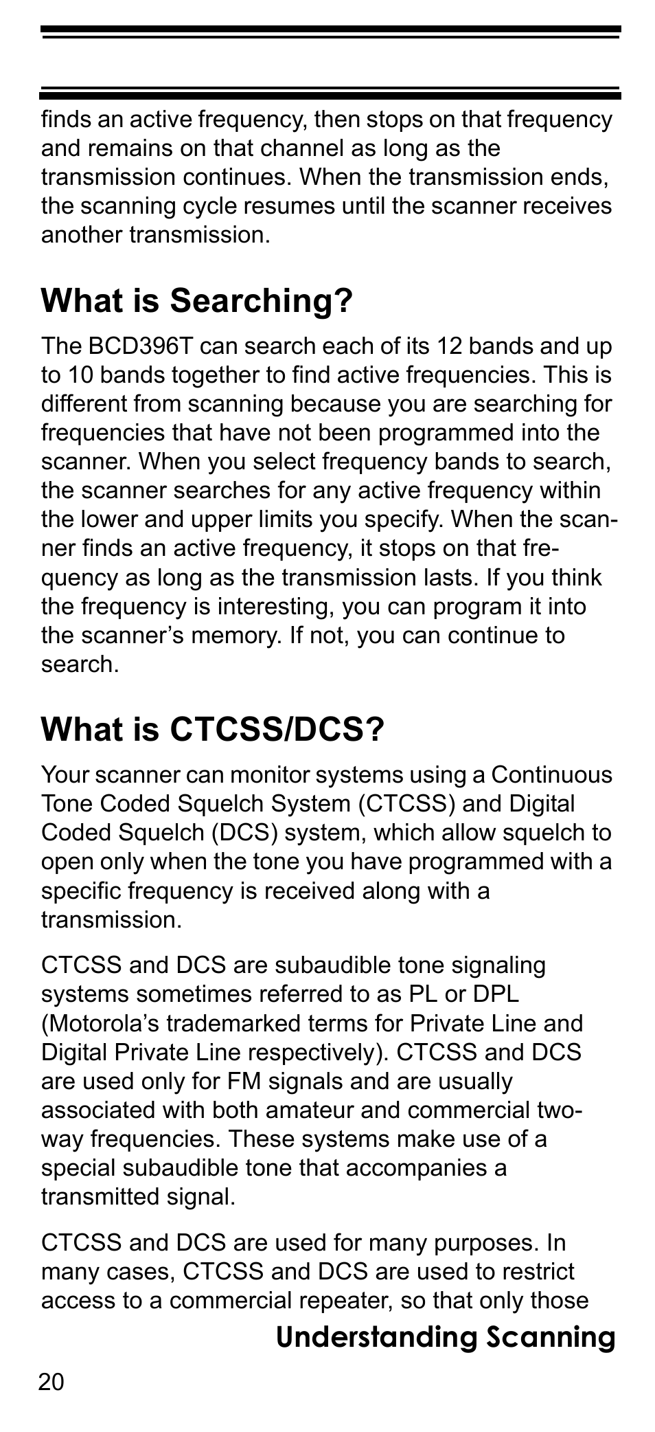 What is searching, What is ctcss/dcs, Understanding scanning | Uniden BCD396T User Manual | Page 20 / 154