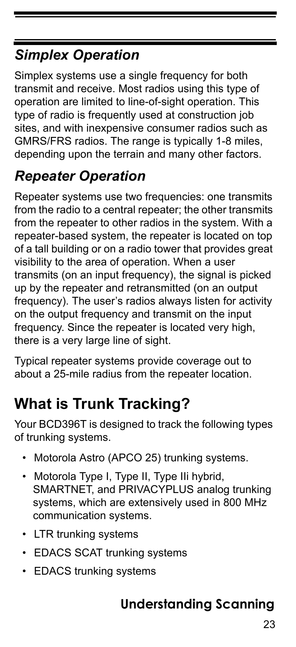 Simplex operation, Repeater operation, What is trunk tracking | Understanding scanning | Uniden BCD396T User Manual | Page 23 / 154