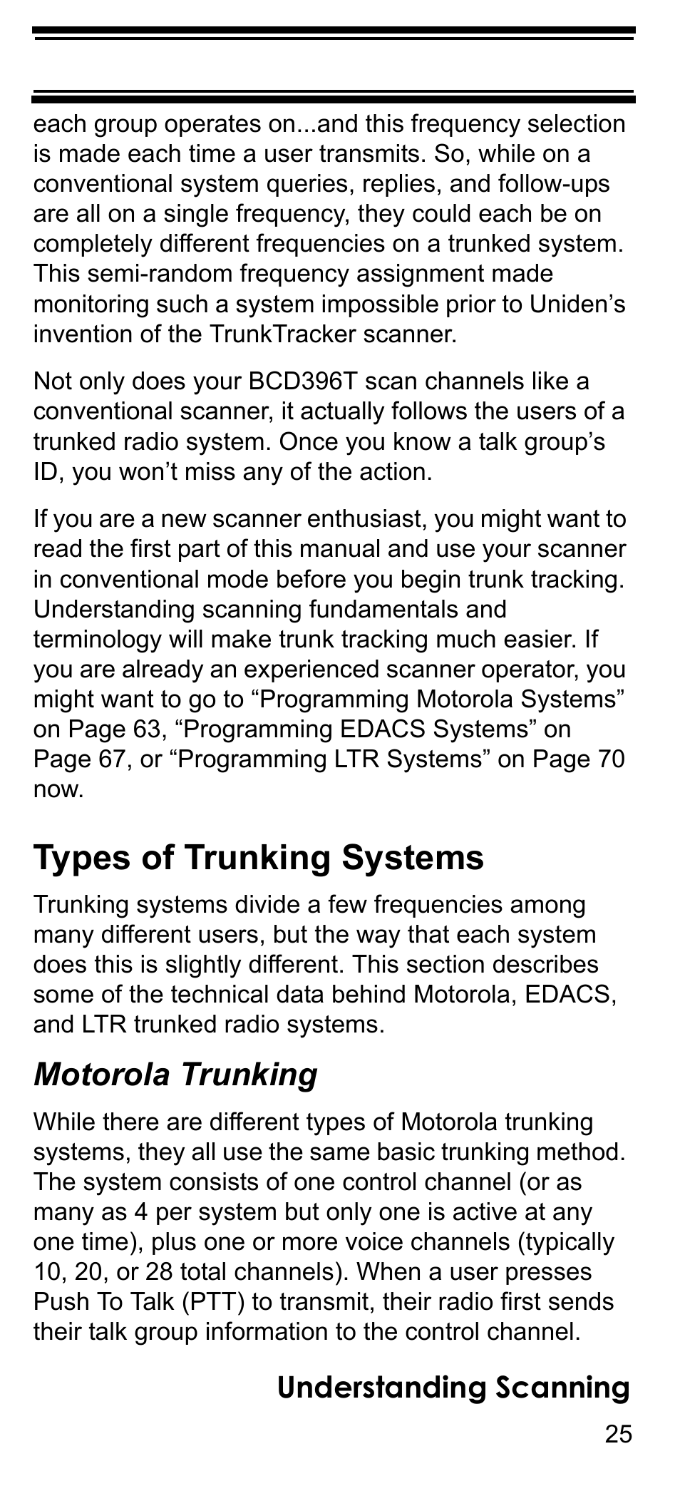 Types of trunking systems, Motorola trunking, Understanding scanning | Uniden BCD396T User Manual | Page 25 / 154