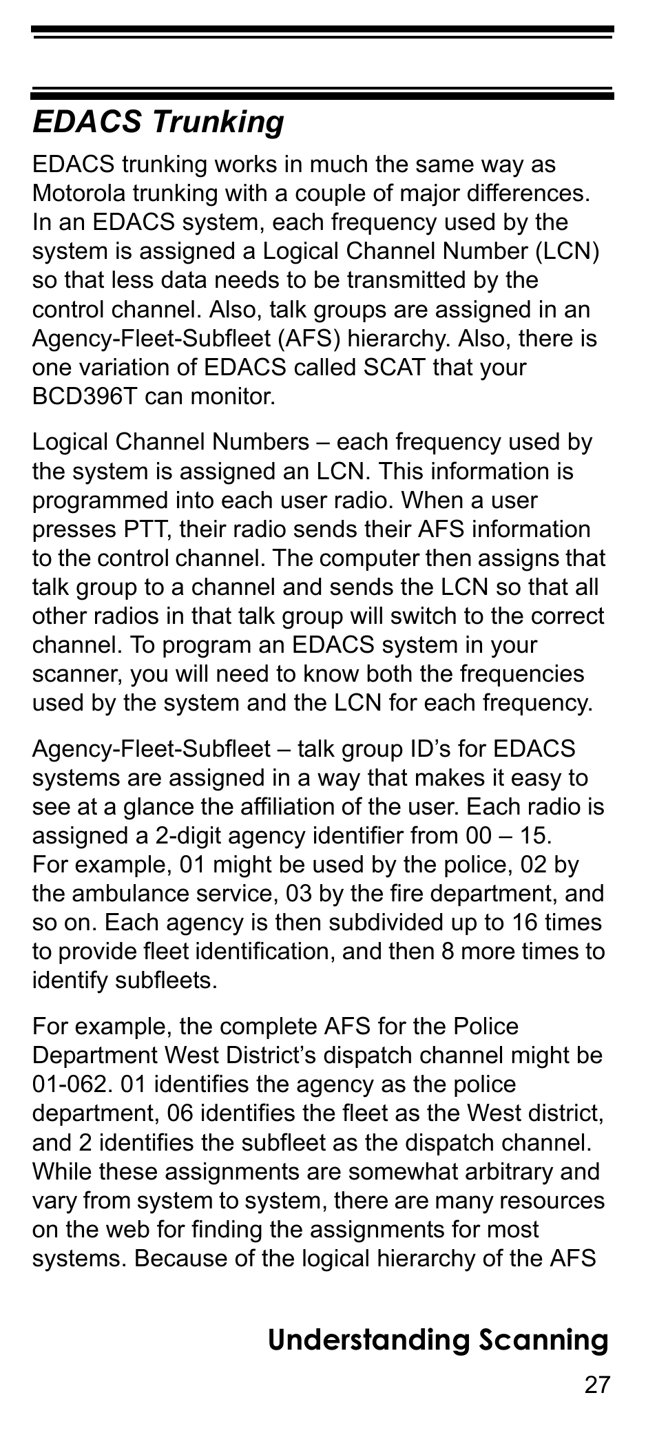 Edacs trunking, Understanding scanning | Uniden BCD396T User Manual | Page 27 / 154