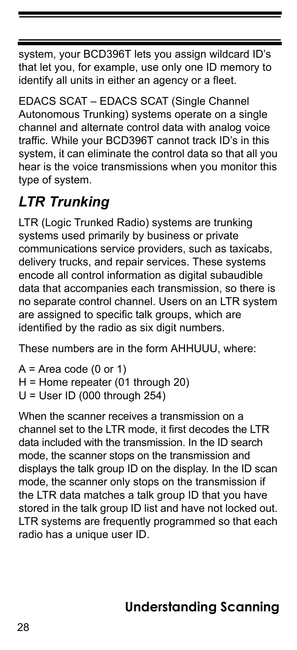 Ltr trunking, Understanding scanning | Uniden BCD396T User Manual | Page 28 / 154