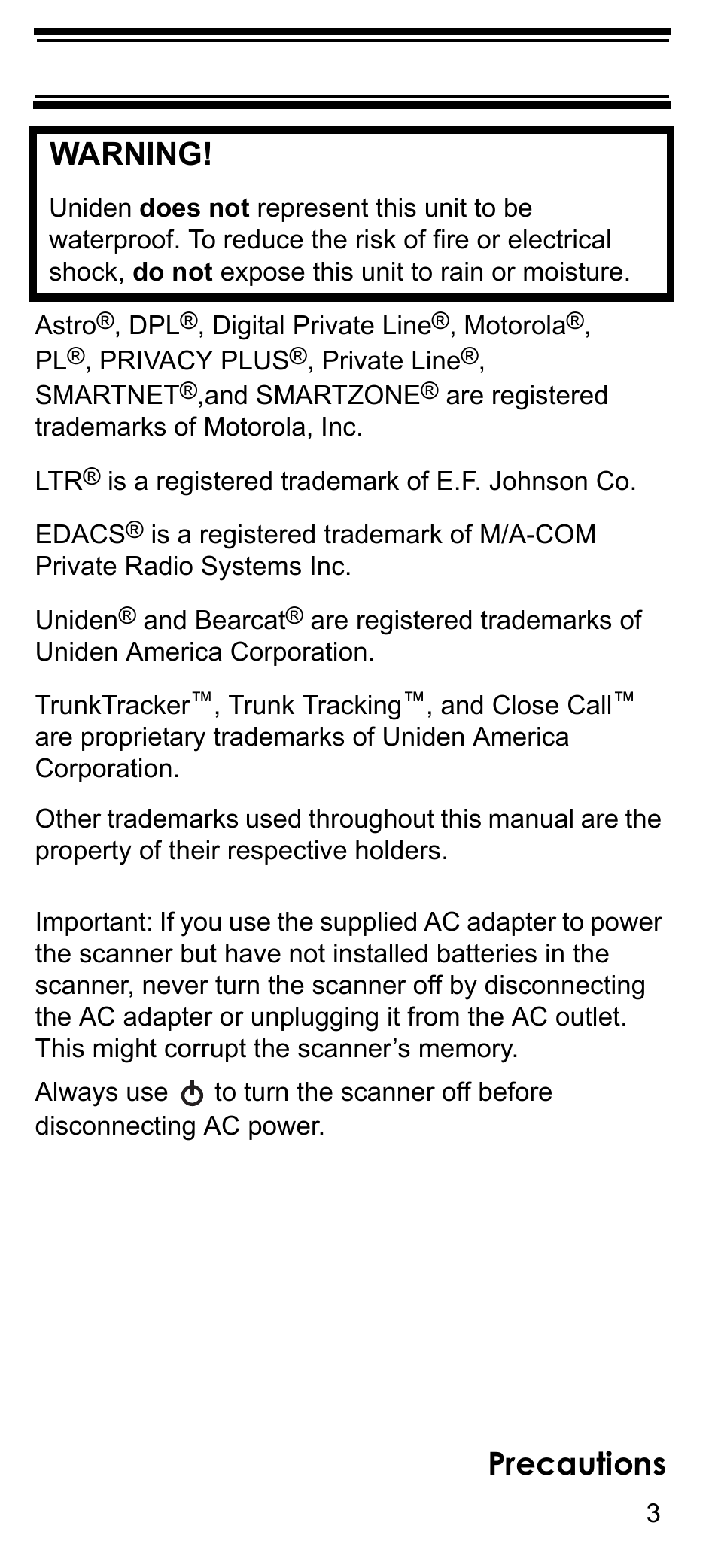 Precautions warning | Uniden BCD396T User Manual | Page 3 / 154