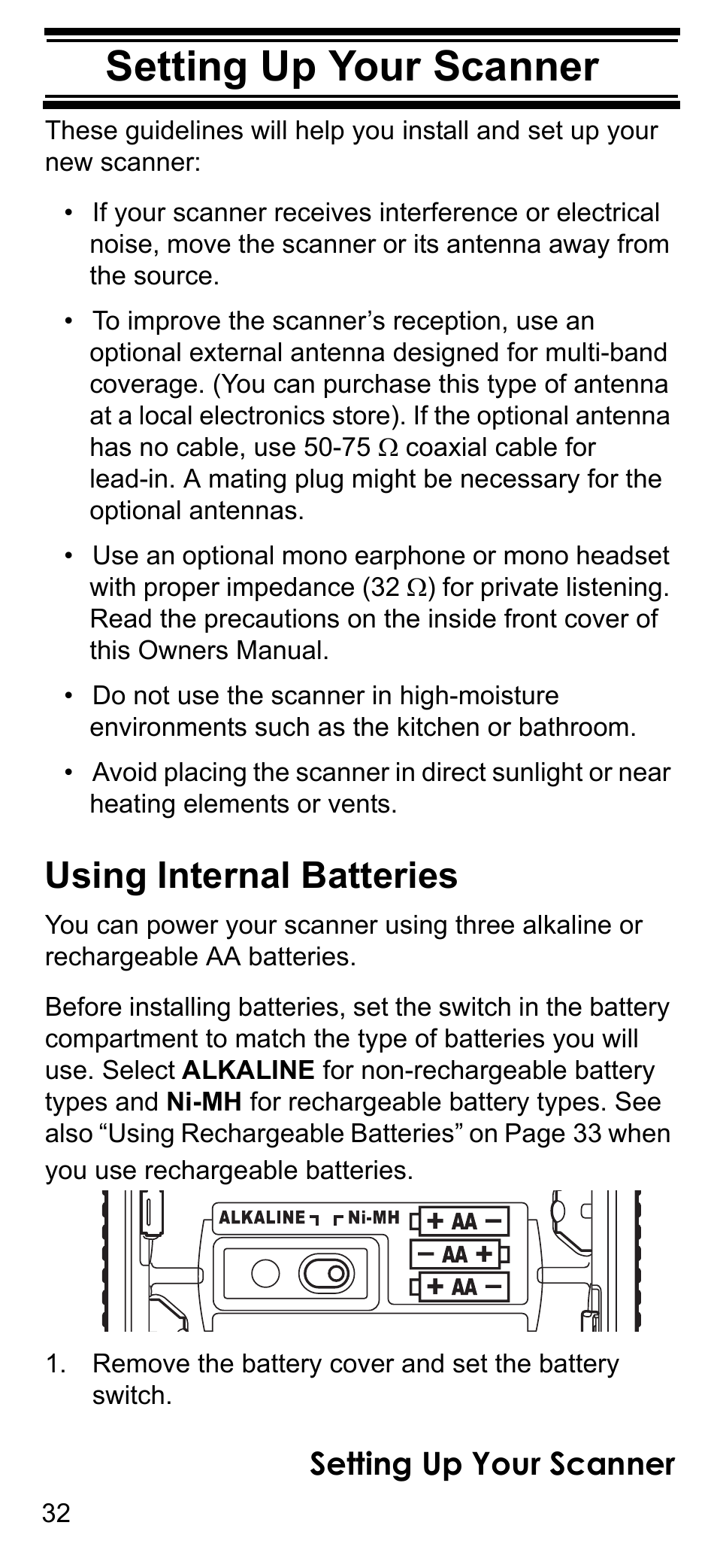 Setting up your scanner, Using internal batteries | Uniden BCD396T User Manual | Page 32 / 154