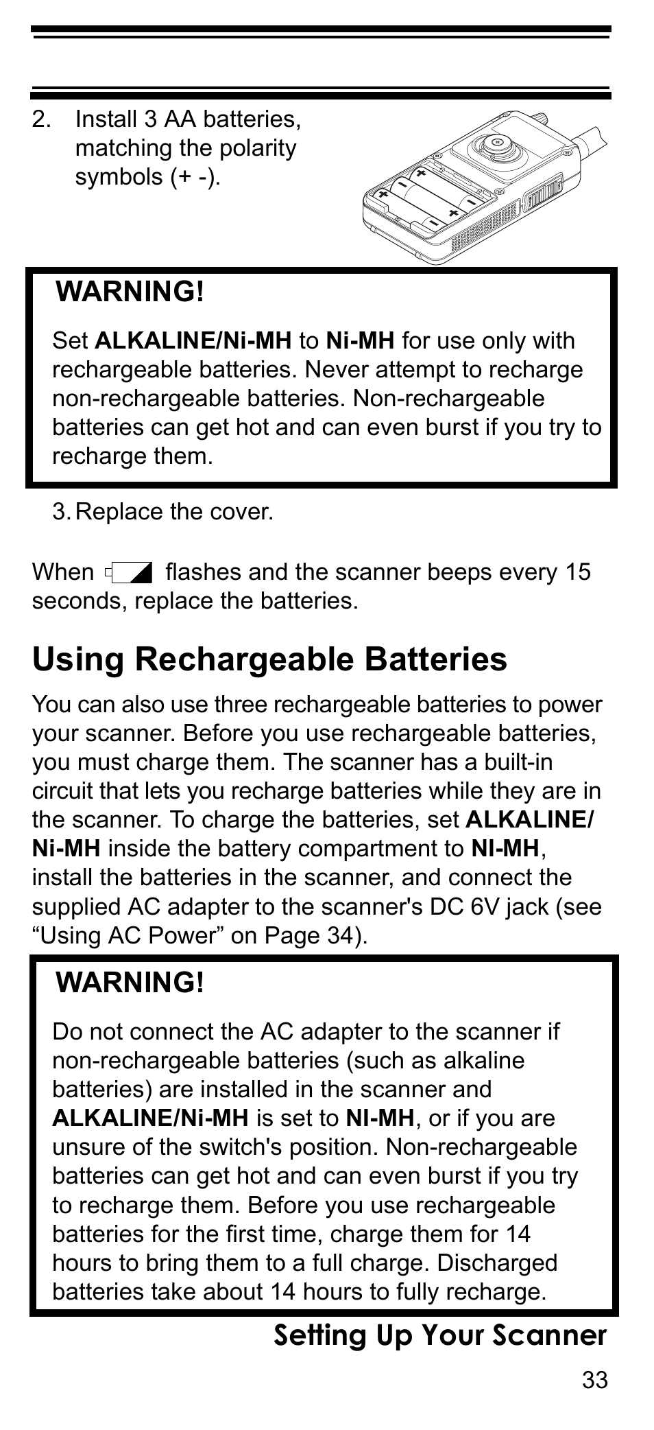 Replace the cover, Using rechargeable batteries, Setting up your scanner | Warning | Uniden BCD396T User Manual | Page 33 / 154