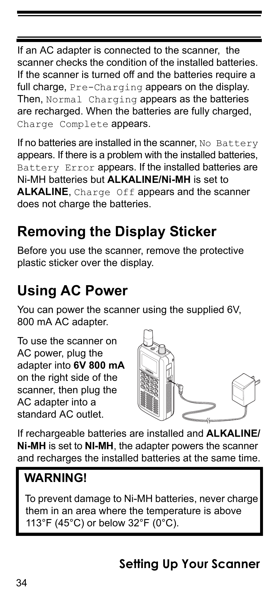 Removing the display sticker, Using ac power, Setting up your scanner | Warning | Uniden BCD396T User Manual | Page 34 / 154