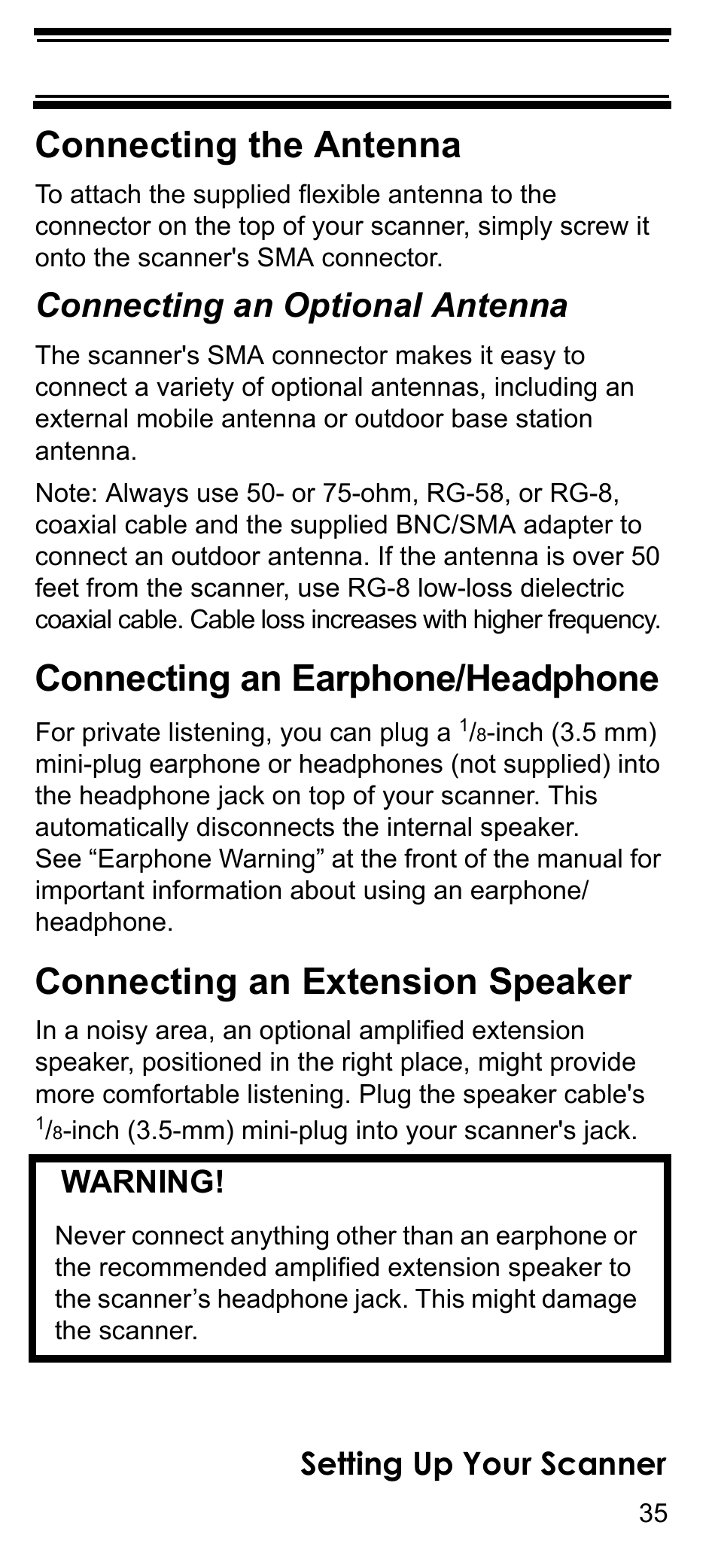 Connecting the antenna, Connecting an optional antenna, Connecting an earphone/headphone | Connecting an extension speaker, Setting up your scanner, Warning | Uniden BCD396T User Manual | Page 35 / 154