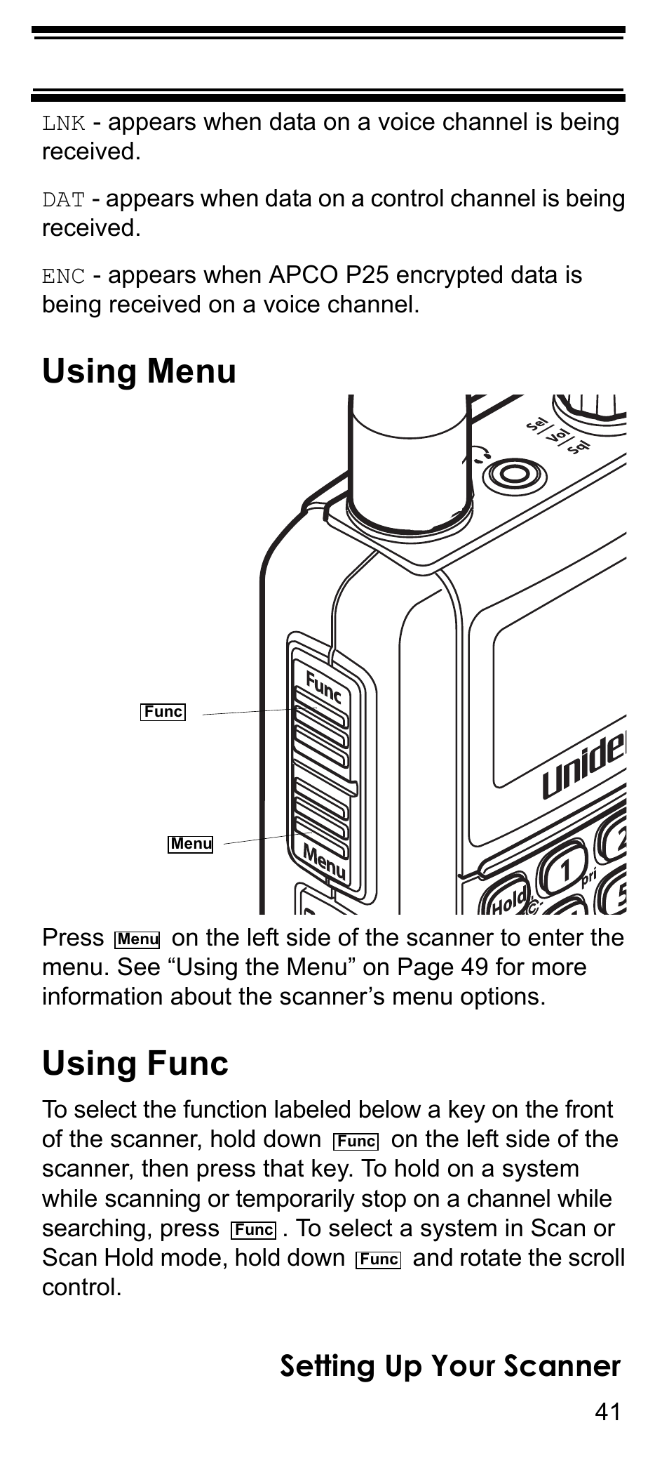 Using menu, Using func, Setting up your scanner | Uniden BCD396T User Manual | Page 41 / 154