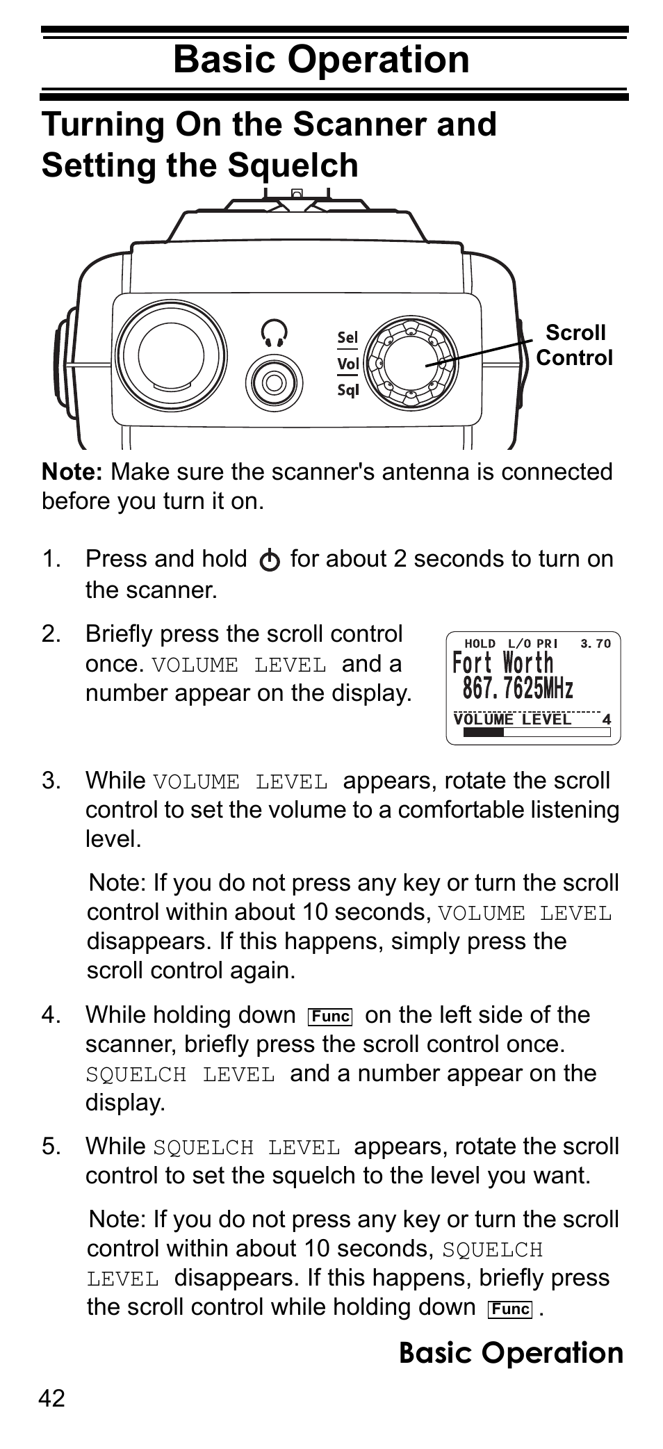 Basic operation, Turning on the scanner and setting the squelch | Uniden BCD396T User Manual | Page 42 / 154