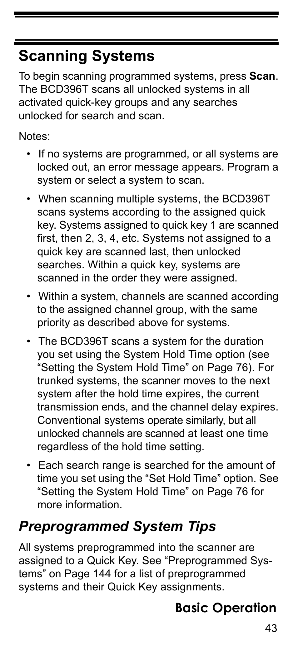 Scanning systems, Preprogrammed system tips, Basic operation | Uniden BCD396T User Manual | Page 43 / 154