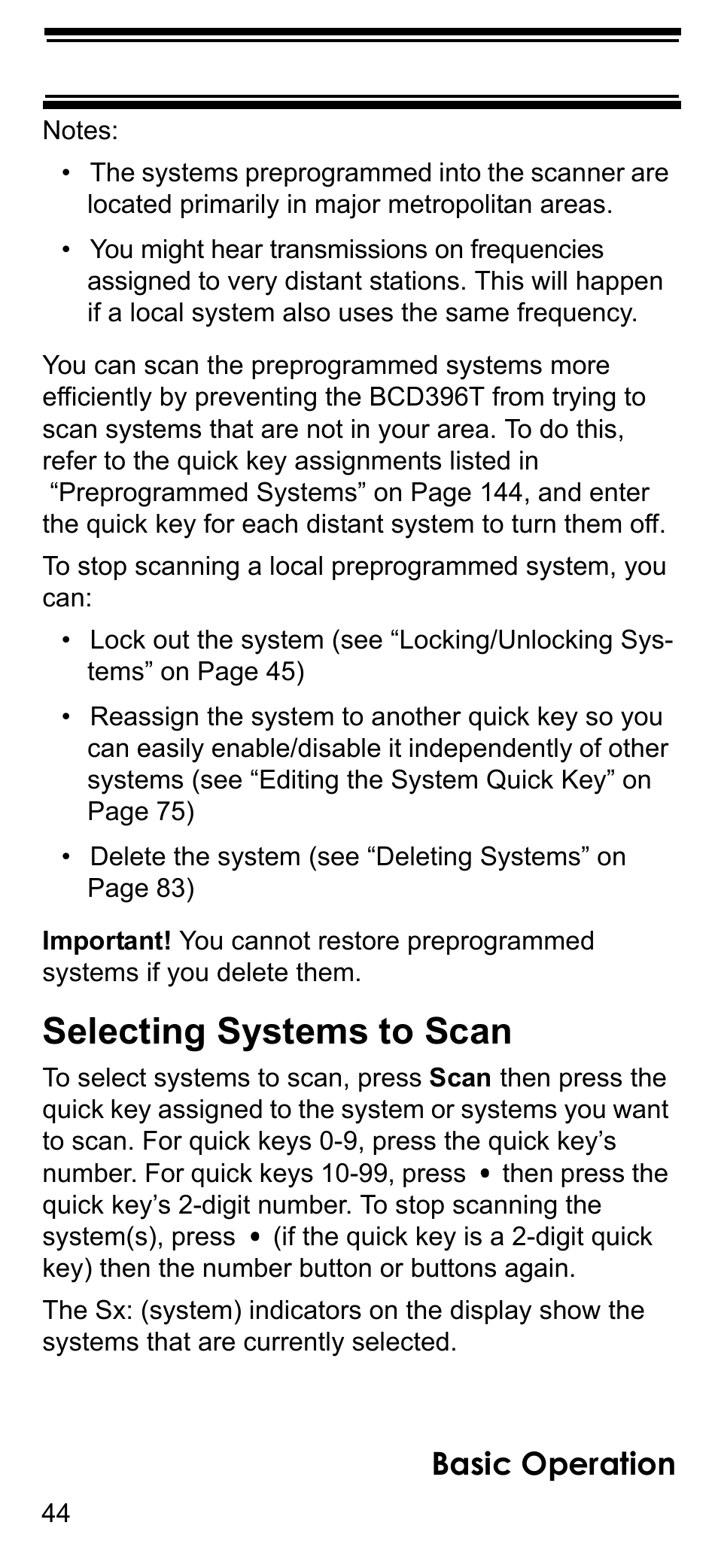 Selecting systems to scan, Basic operation | Uniden BCD396T User Manual | Page 44 / 154