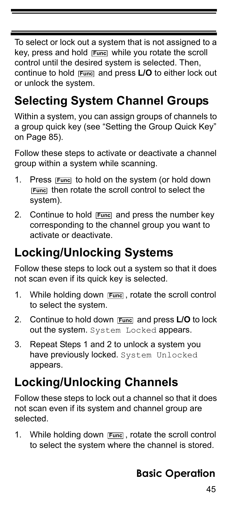 Selecting system channel groups, Locking/unlocking systems, Locking/unlocking channels | Locking/unlocking sys, Basic operation | Uniden BCD396T User Manual | Page 45 / 154