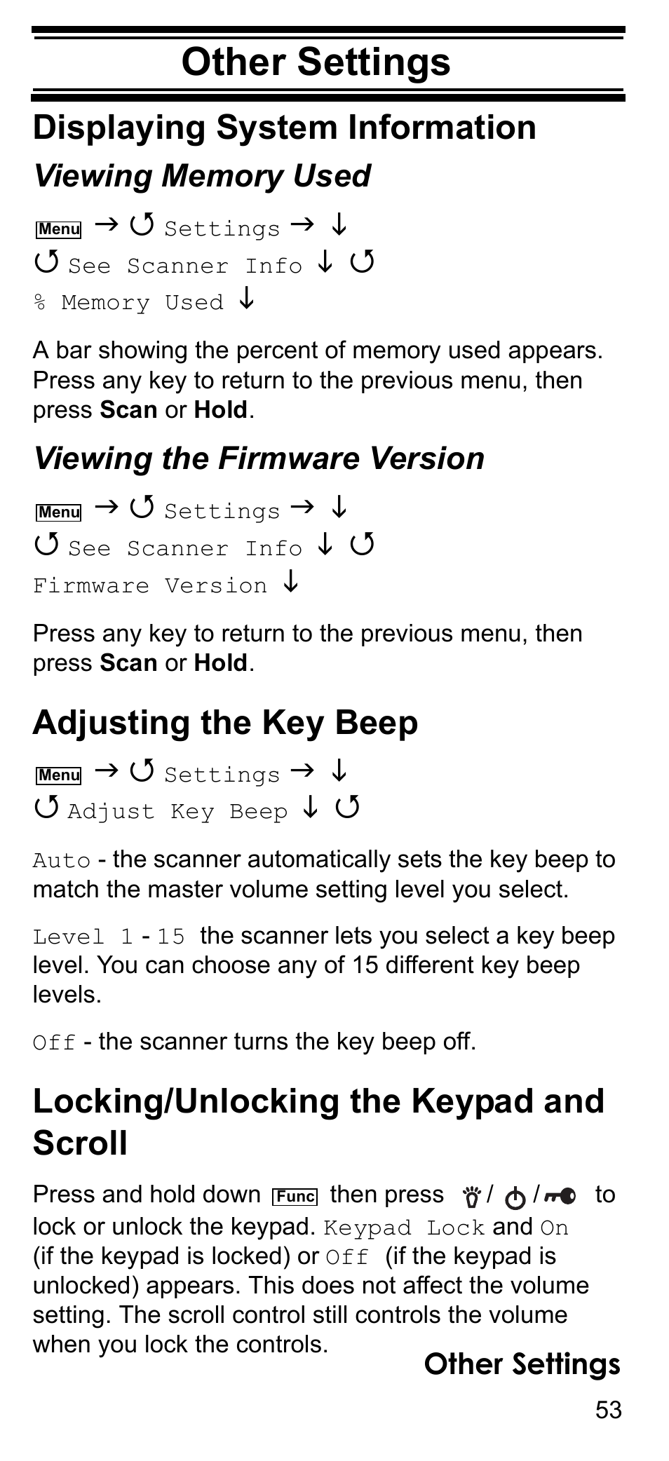 Other settings, Displaying system information, Viewing memory used | Viewing the firmware version, Adjusting the key beep, Locking/unlocking the keypad and scroll, Other settings displaying system information | Uniden BCD396T User Manual | Page 53 / 154