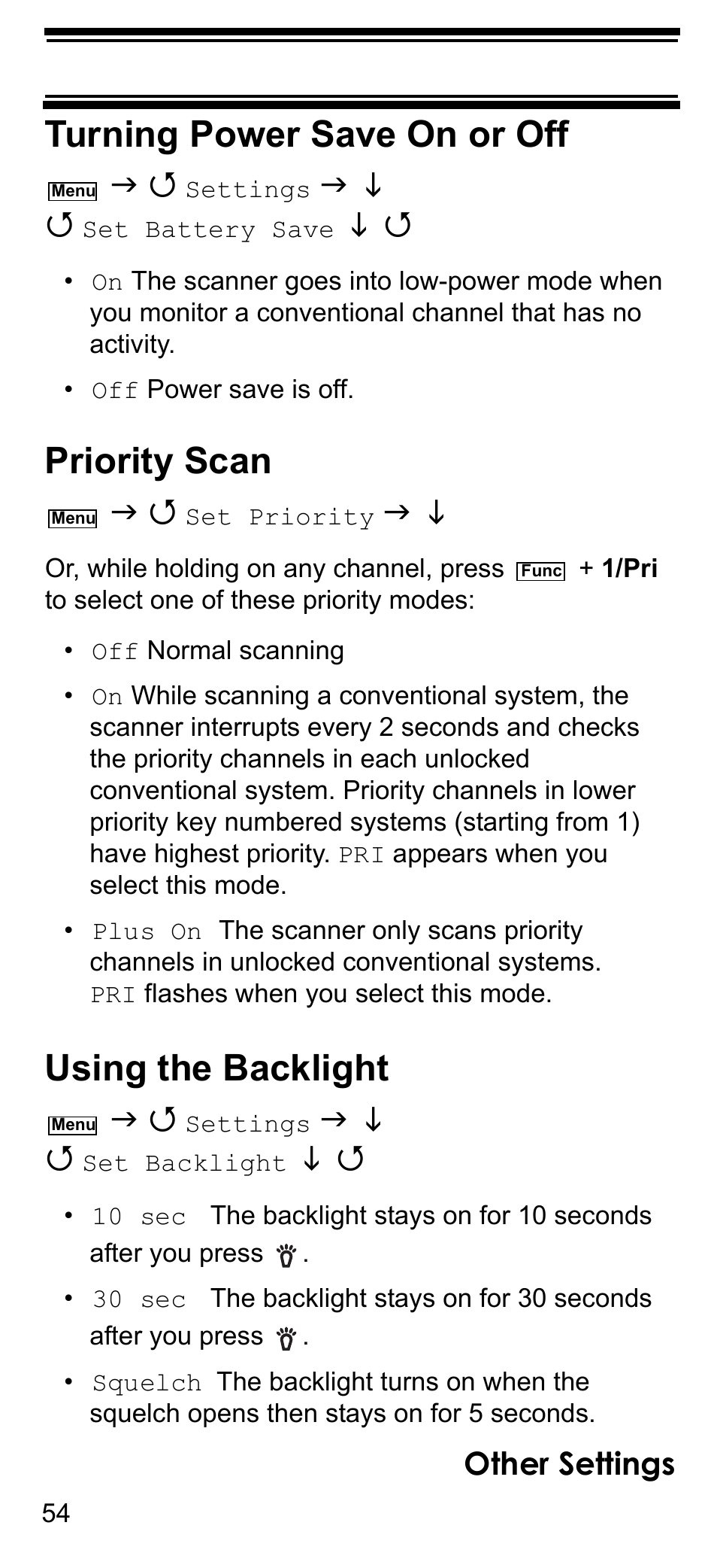 Turning power save on or off, Priority scan, Other settings | Using the backlight, Other settings using the backlight | Uniden BCD396T User Manual | Page 54 / 154