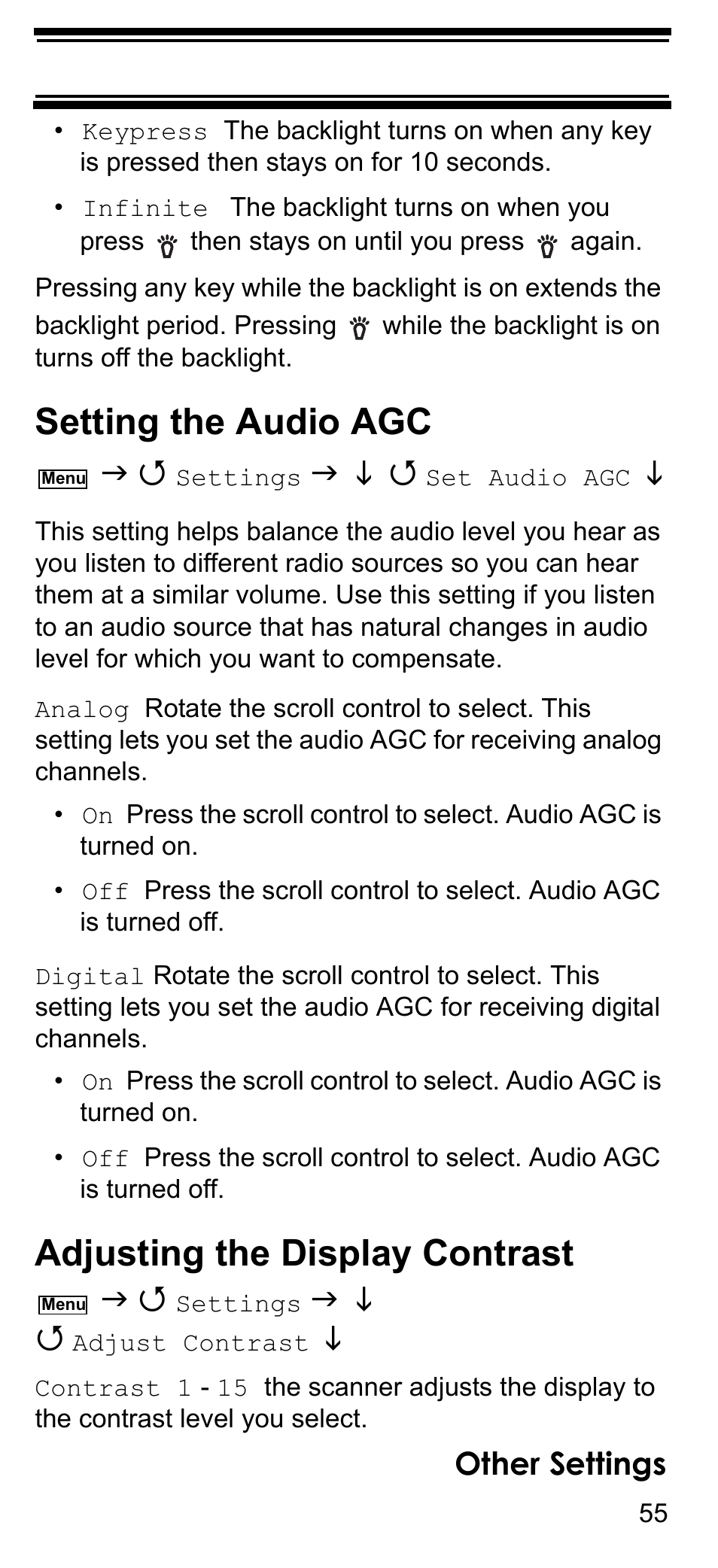 Setting the audio agc, Adjusting the display contrast, Other settings | Uniden BCD396T User Manual | Page 55 / 154