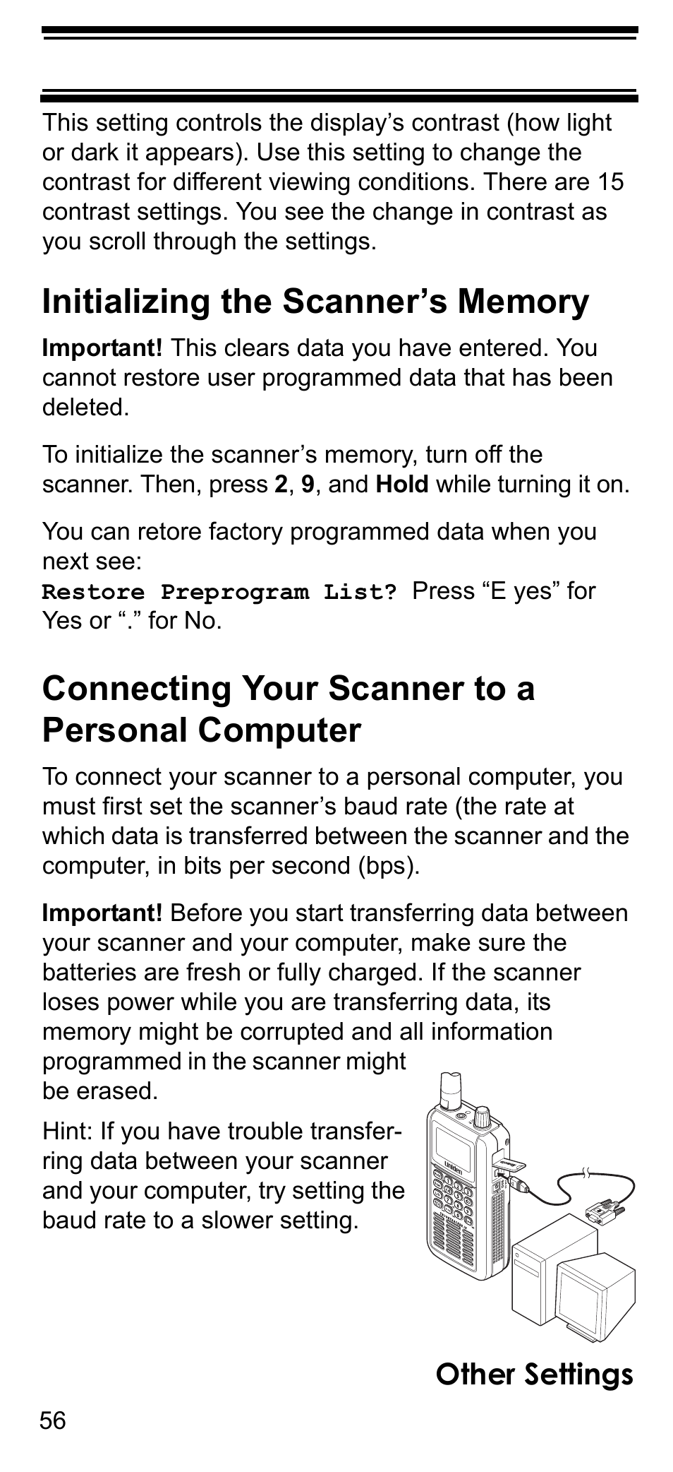 Initializing the scanner’s memory, Connecting your scanner to a personal computer, Other settings | Uniden BCD396T User Manual | Page 56 / 154