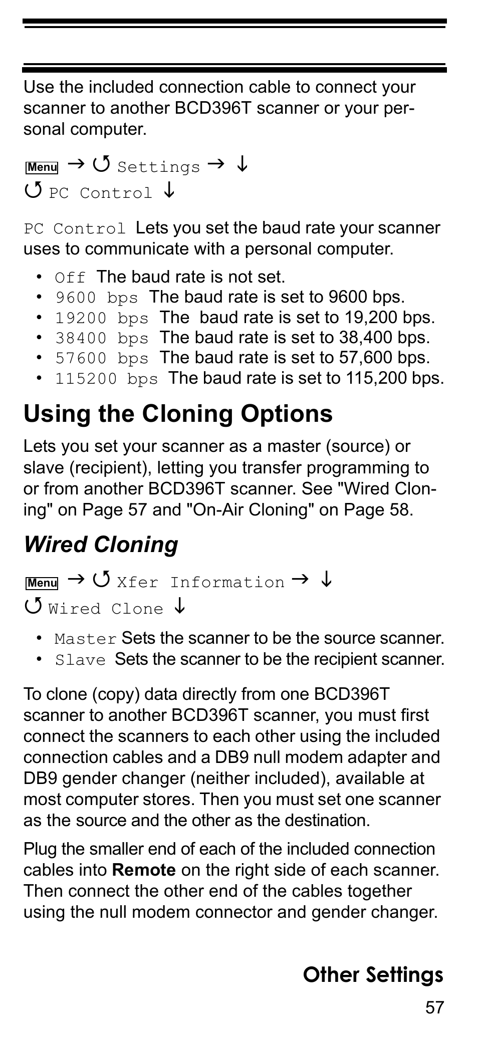 Using the cloning options, Wired cloning, Other settings | Uniden BCD396T User Manual | Page 57 / 154