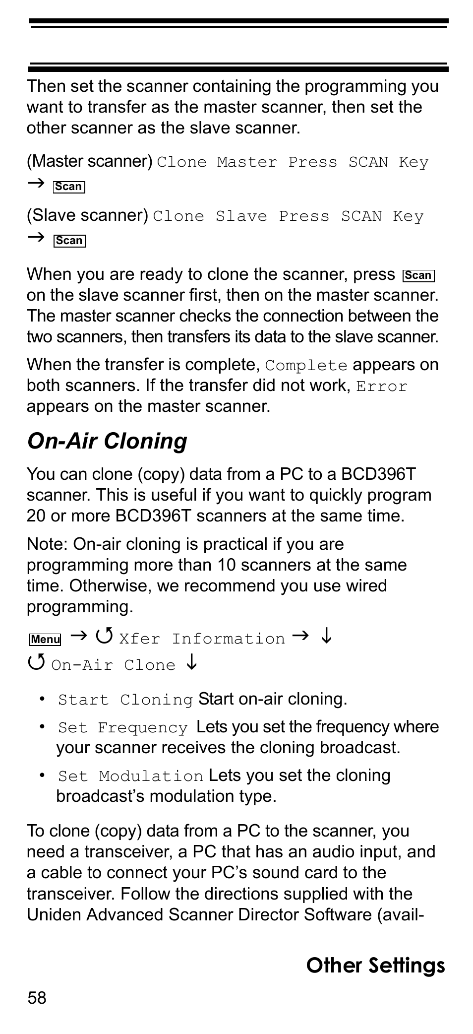 On-air cloning, Other settings | Uniden BCD396T User Manual | Page 58 / 154