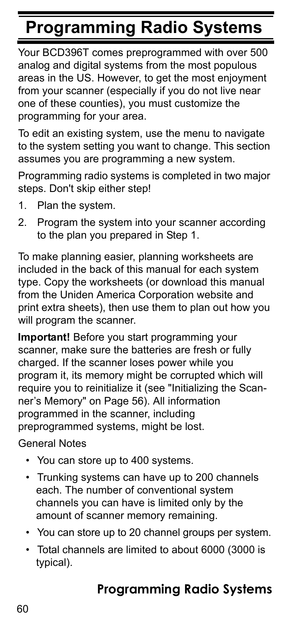 Programming radio systems, Plan the system | Uniden BCD396T User Manual | Page 60 / 154