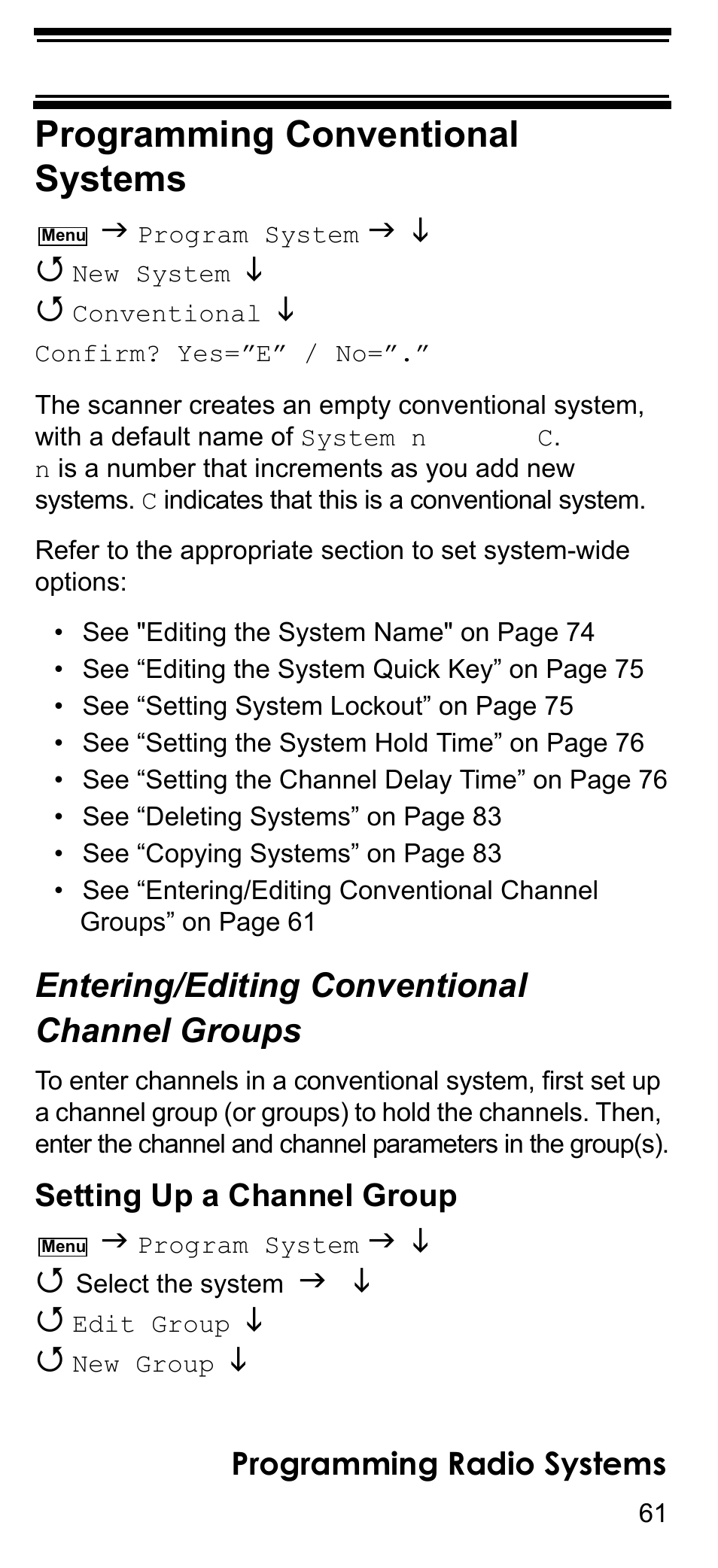 Programming conventional systems, Entering/editing conventional channel groups, Entering/editing conventional | Channel groups | Uniden BCD396T User Manual | Page 61 / 154