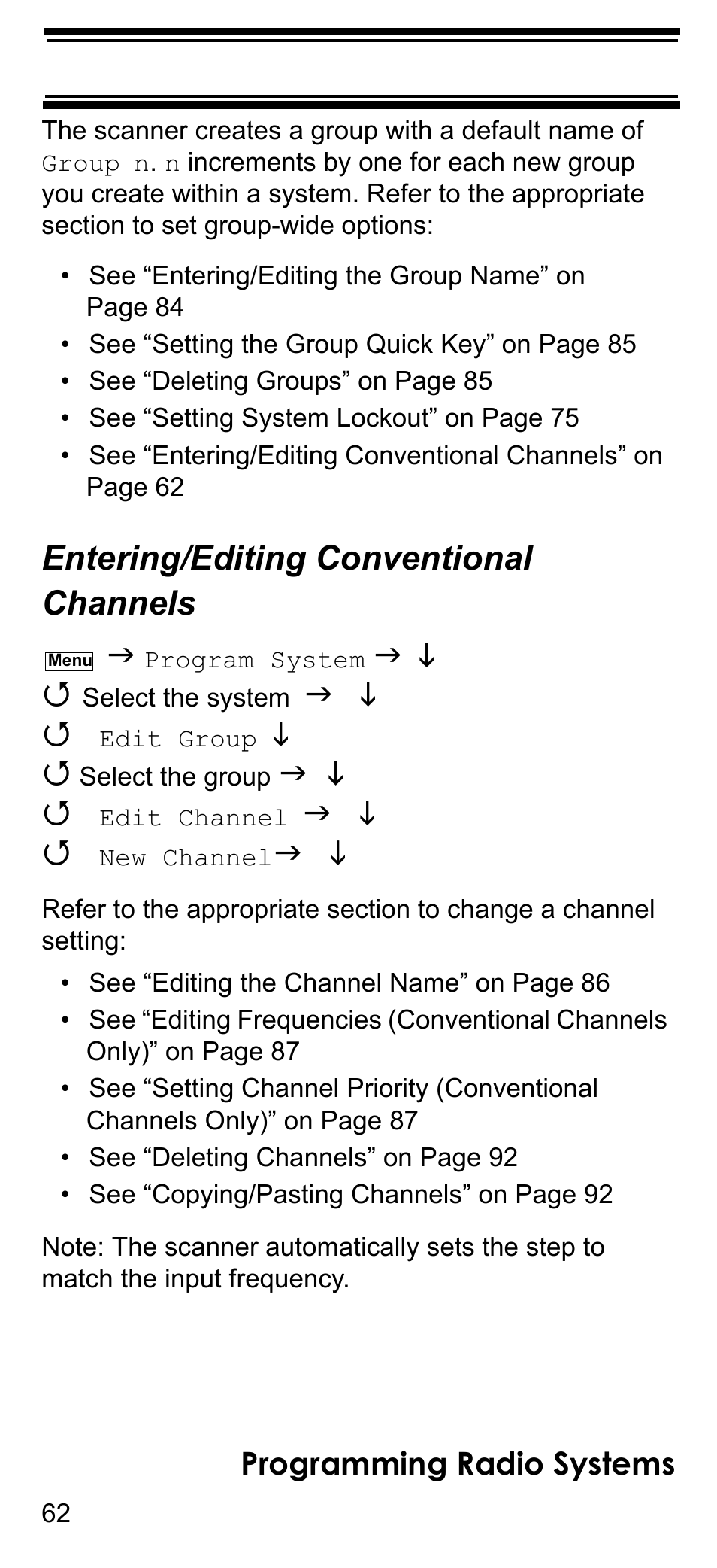 Entering/editing conventional channels, Entering/editing conventional, Channels | Programming radio systems | Uniden BCD396T User Manual | Page 62 / 154