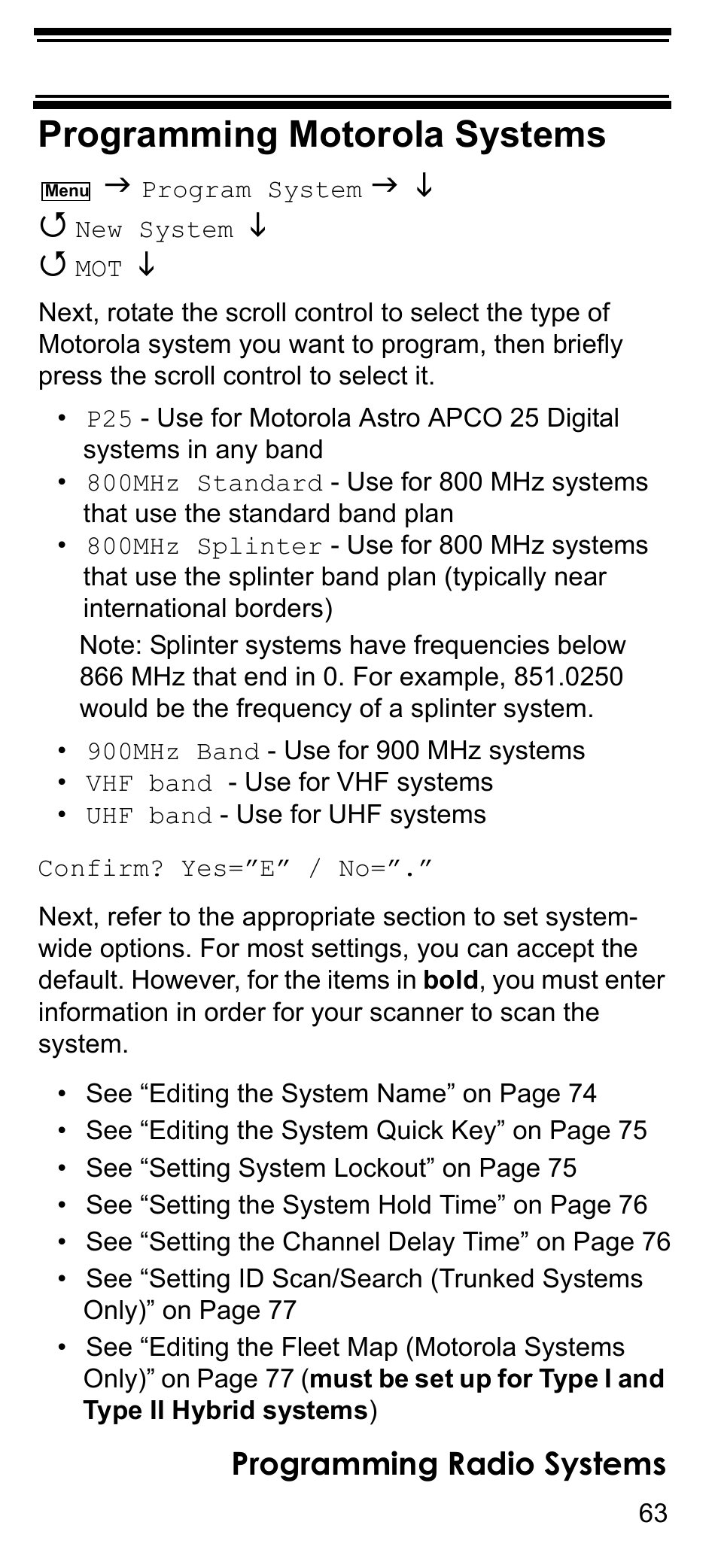 Programming motorola systems, Programming radio systems | Uniden BCD396T User Manual | Page 63 / 154