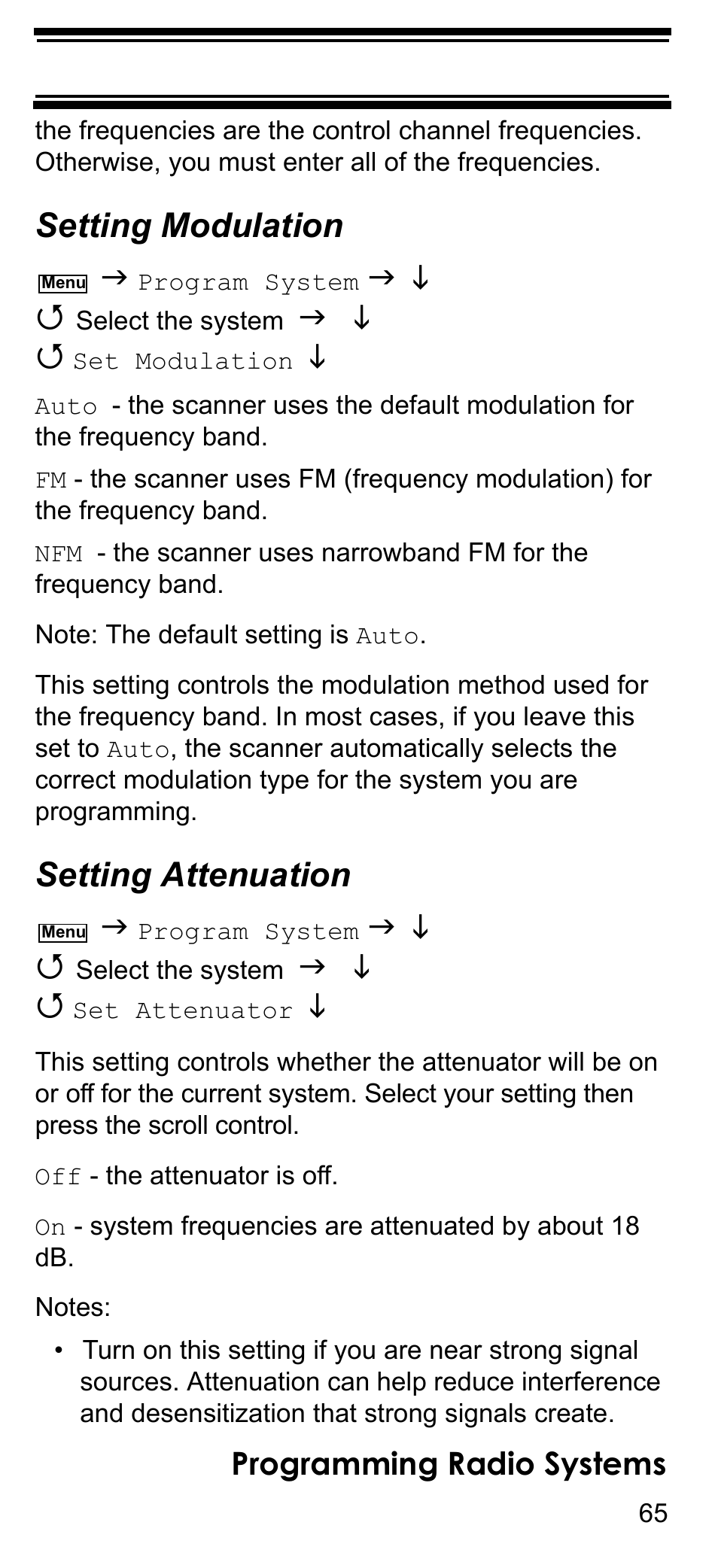 Setting modulation, Setting attenuation, Programming radio systems | Uniden BCD396T User Manual | Page 65 / 154