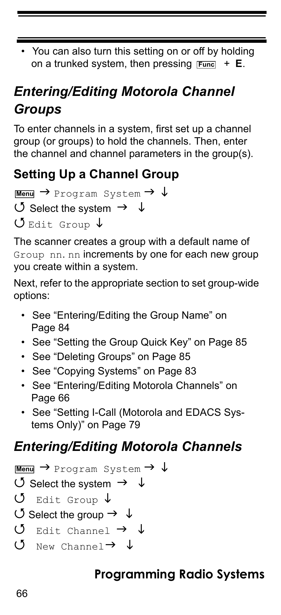 Entering/editing motorola channel groups, Entering/editing motorola channels, Programming radio systems | Setting up a channel group | Uniden BCD396T User Manual | Page 66 / 154