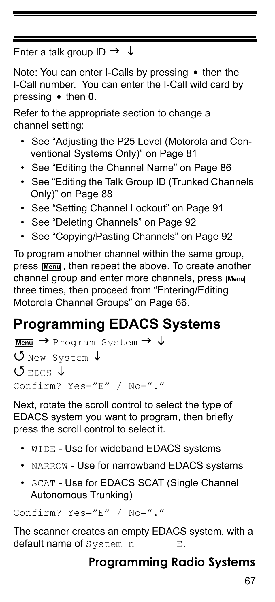 Programming edacs systems, Programming radio systems | Uniden BCD396T User Manual | Page 67 / 154