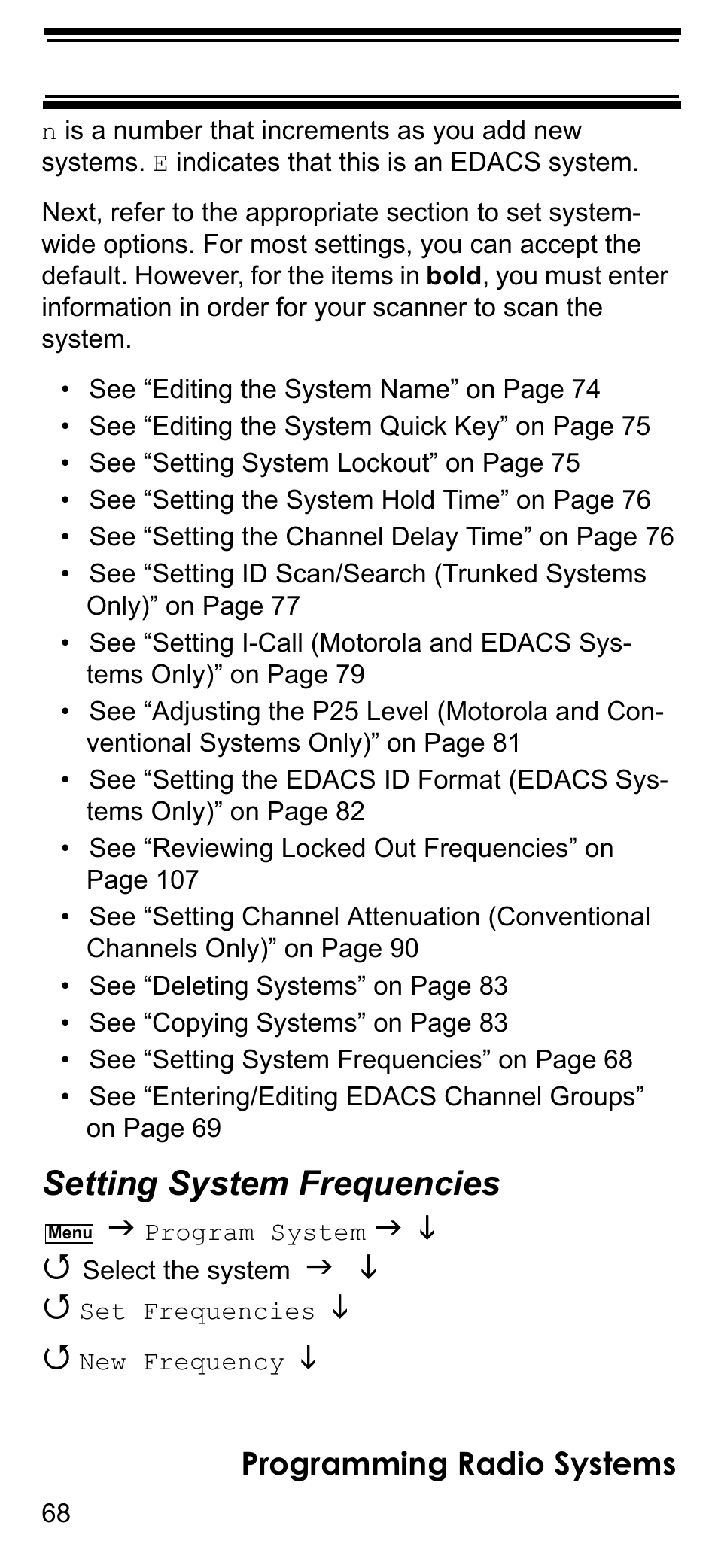 Setting system frequencies, Programming radio systems | Uniden BCD396T User Manual | Page 68 / 154