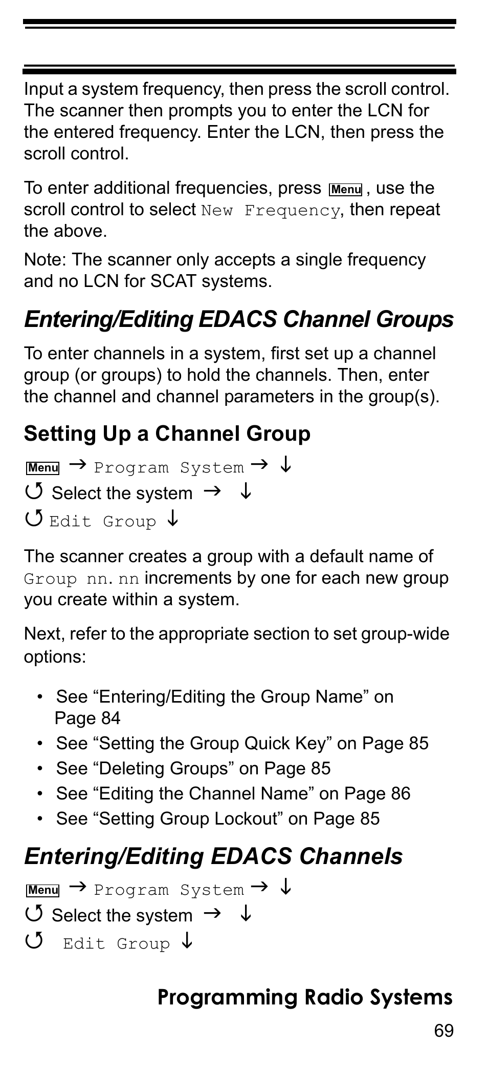 Entering/editing edacs channel groups, Entering/editing edacs channels, Programming radio systems | Setting up a channel group | Uniden BCD396T User Manual | Page 69 / 154