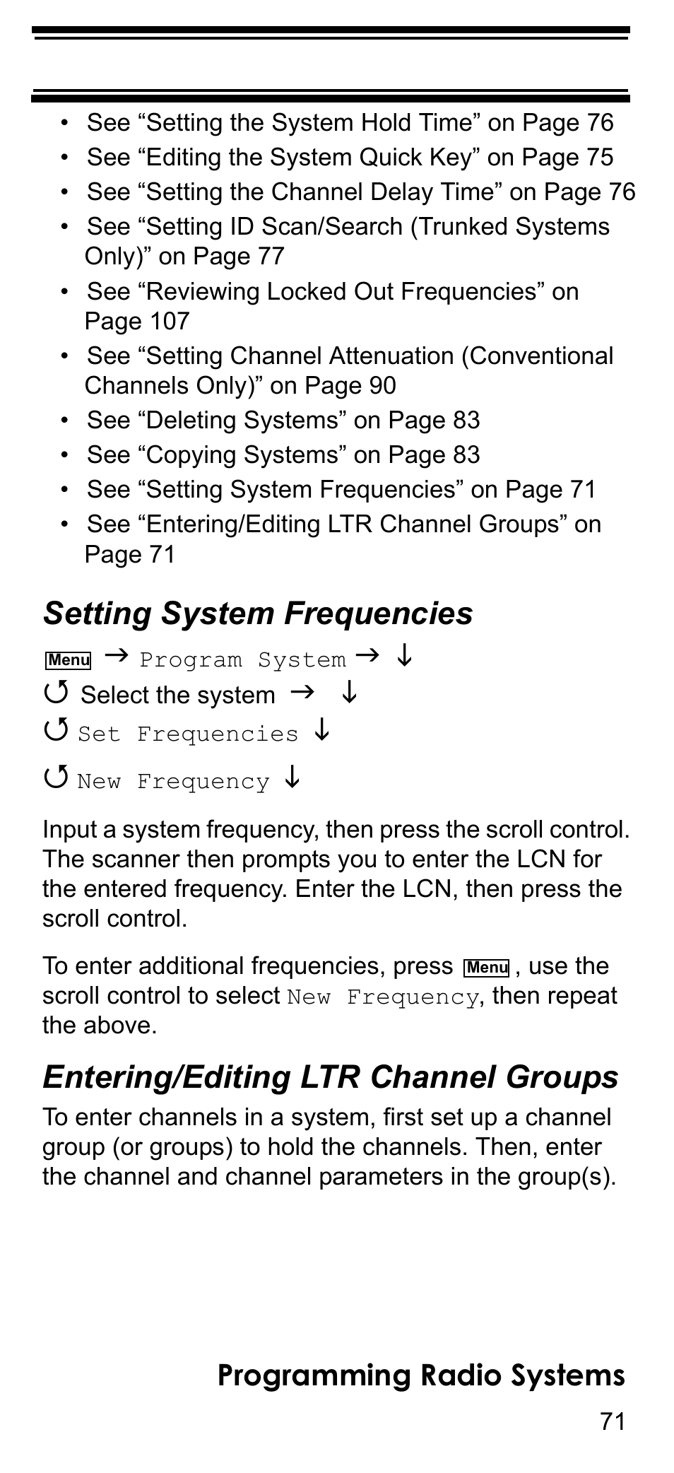 Setting system frequencies, Entering/editing ltr channel groups, Programming radio systems | Uniden BCD396T User Manual | Page 71 / 154